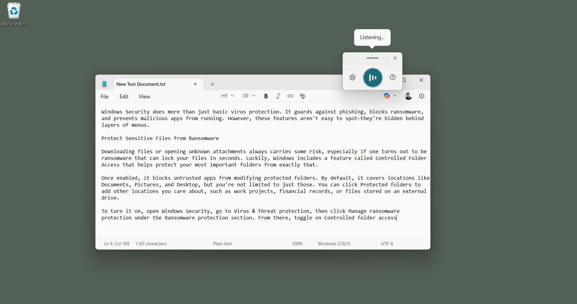 Thanh công cụ Voice Typing (Gõ bằng giọng nói) xuất hiện trên màn hình Windows khi đang soạn thảo văn bản, hỗ trợ nhập liệu bằng giọng nói.