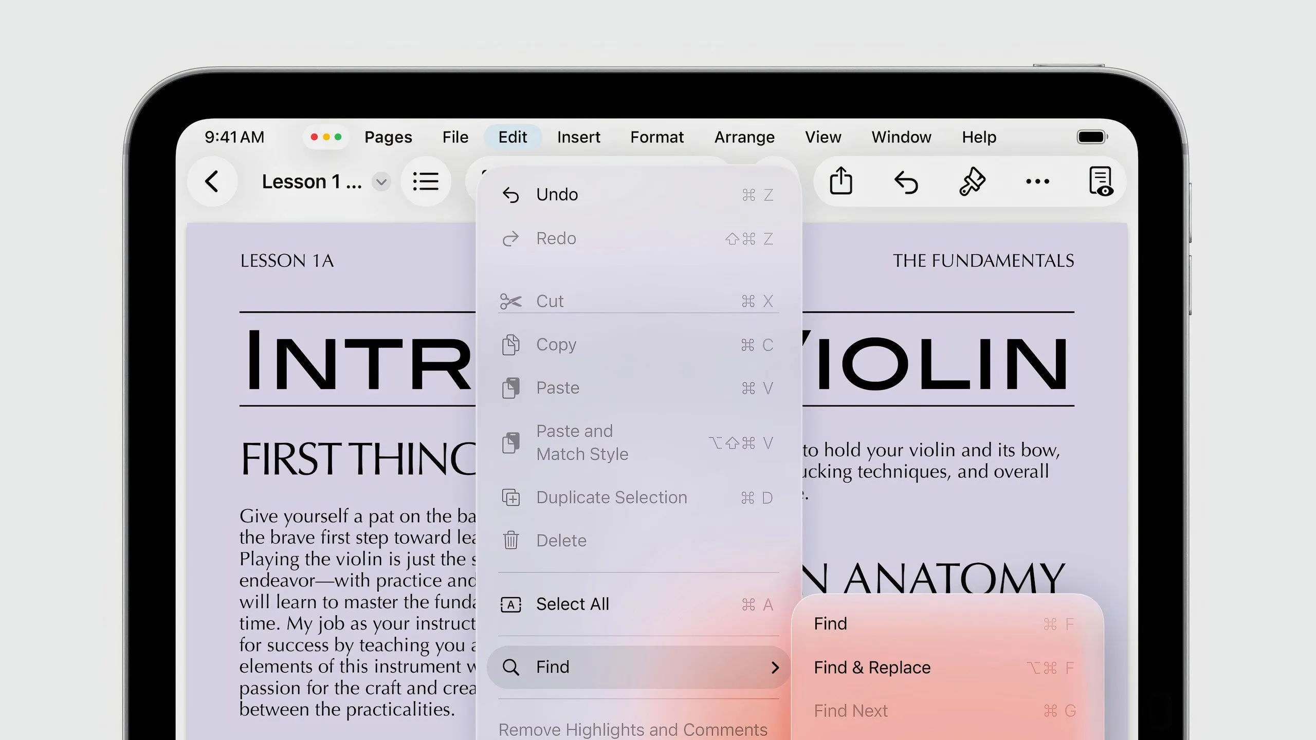 Thanh Menu Bar mới trên iPadOS 26 giống macOS, giúp truy cập nhanh các lệnh ứng dụng