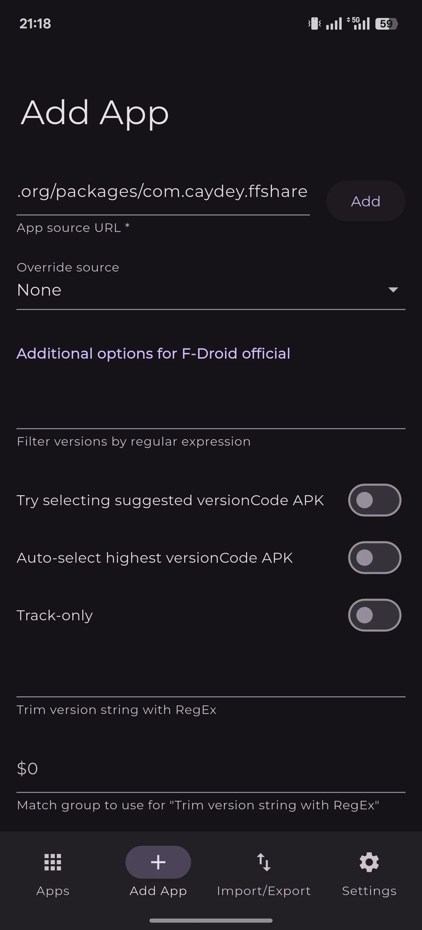 Thao tác thêm ứng dụng từ F-Droid vào Obtainium trên Android, minh họa quy trình quản lý cập nhật.