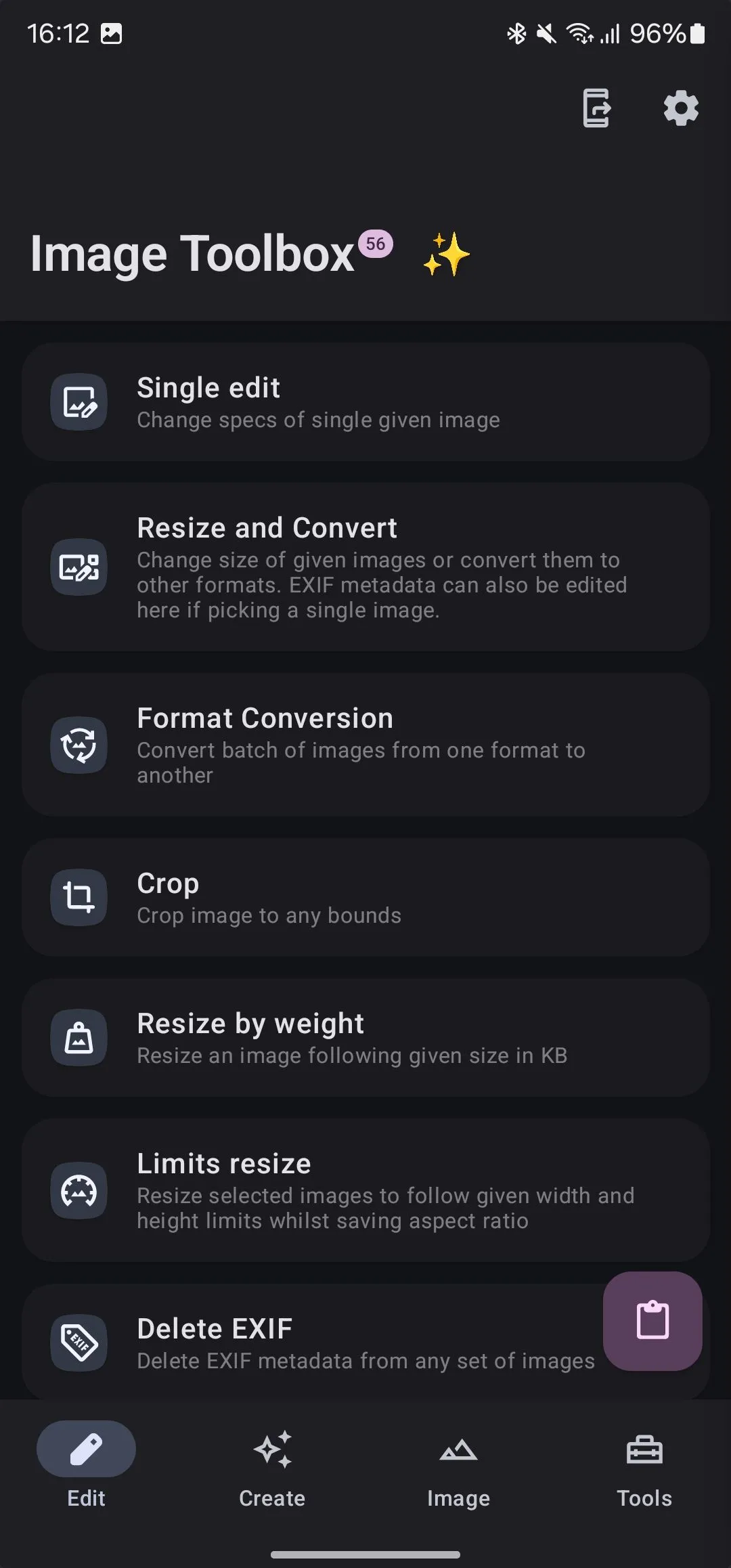 Thẻ &quot;Chỉnh sửa&quot; trong ứng dụng Image Toolbox, cung cấp nhiều tùy chọn chỉnh sửa ảnh.