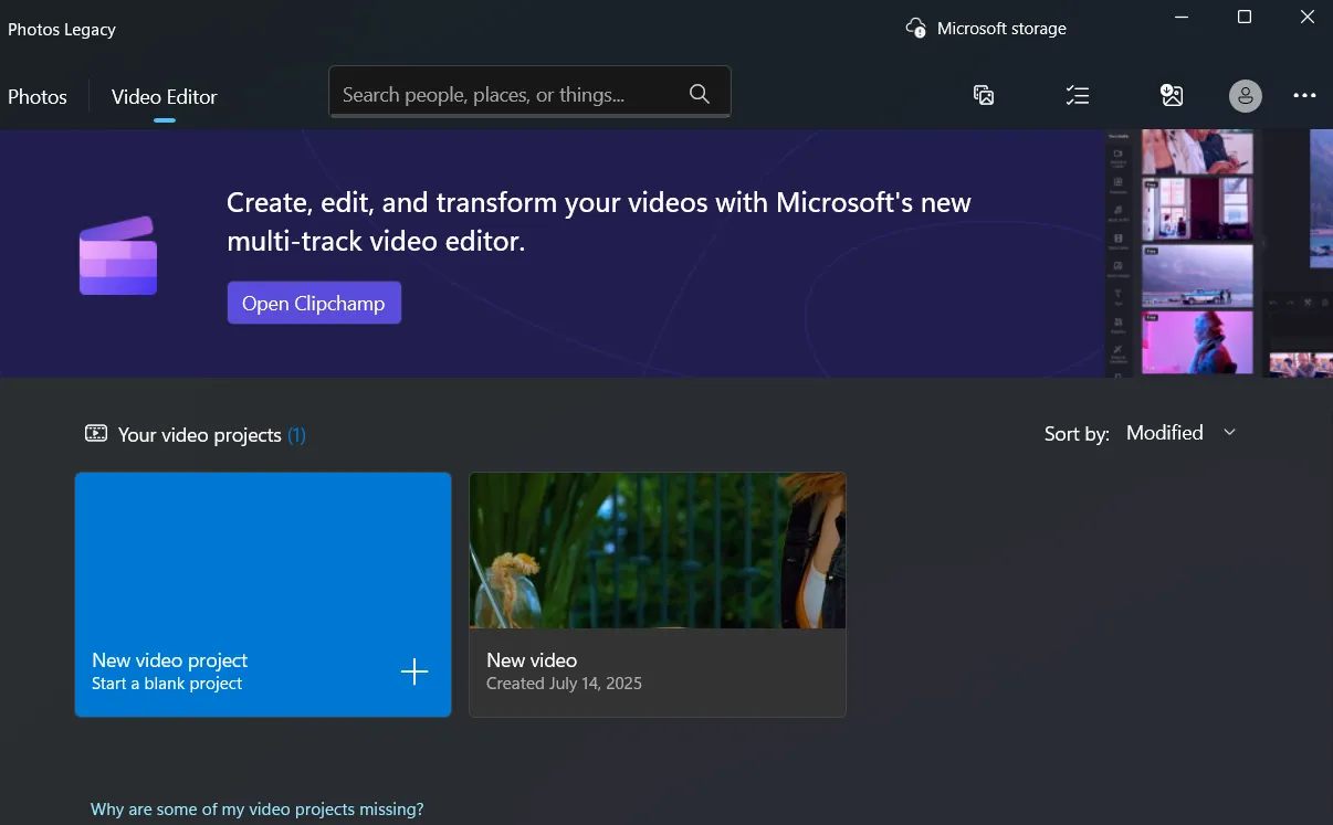 Thẻ chỉnh sửa video trong ứng dụng Windows Photos Legacy, cho phép cắt, ghép và thêm hiệu ứng cơ bản cho video.
