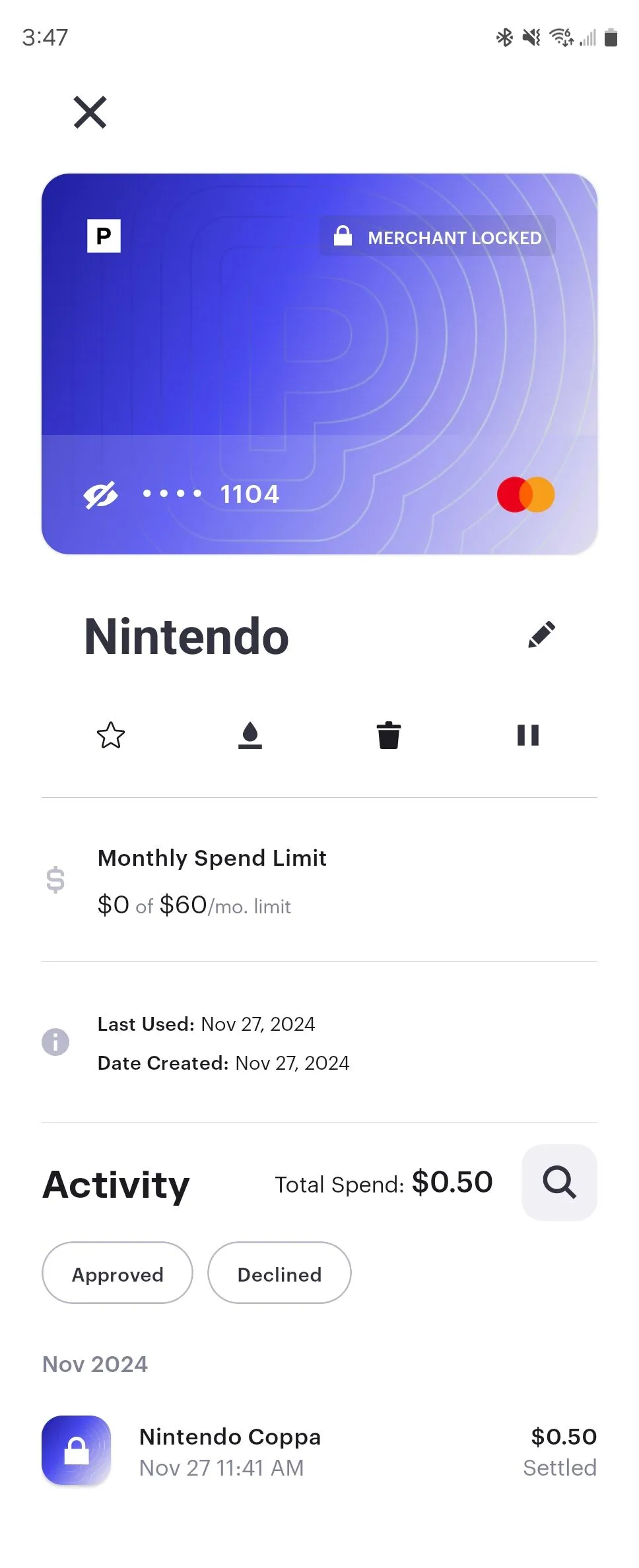 Thẻ thanh toán tạm thời cho Nintendo được tạo qua ứng dụng Privacy trên Android