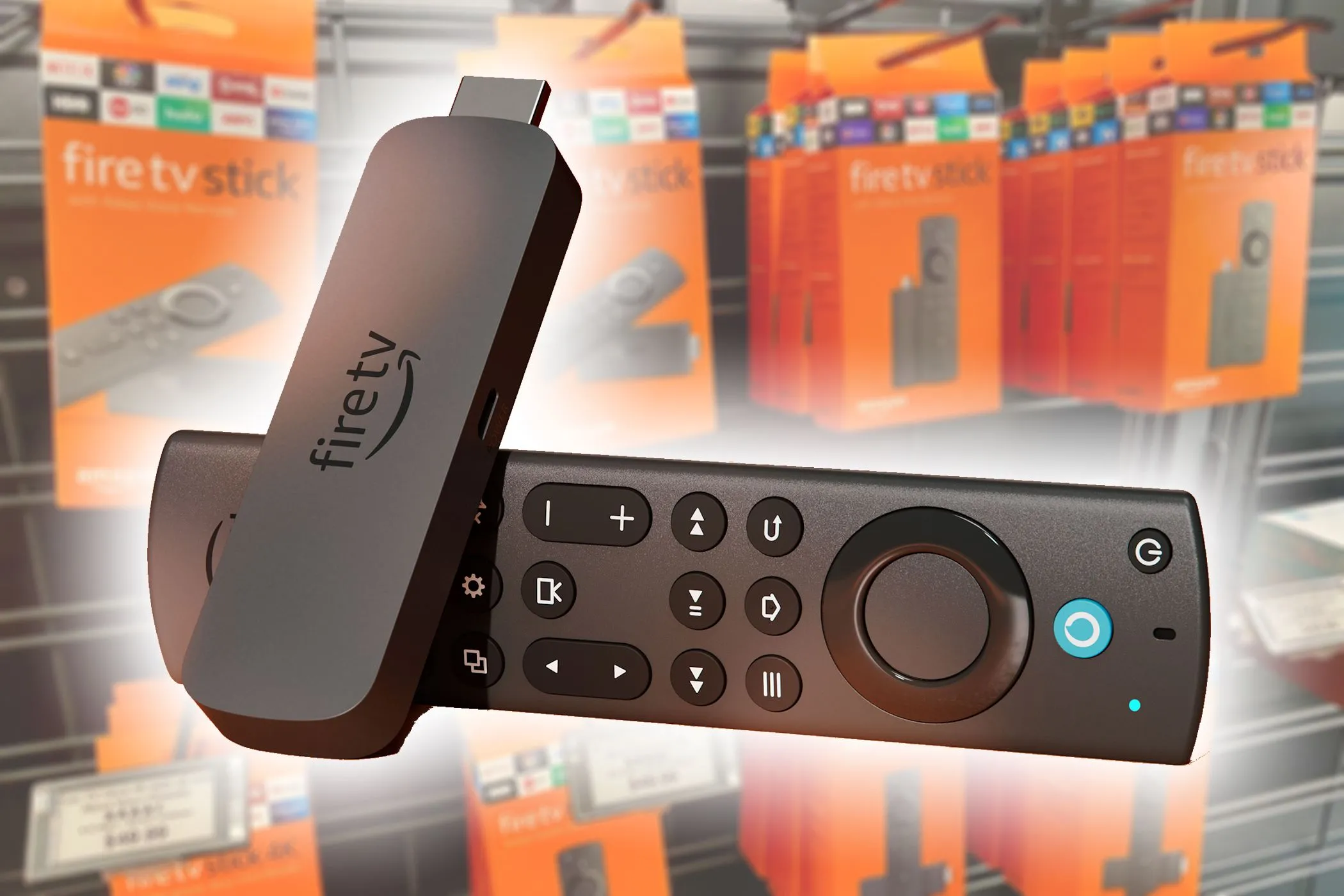 Thiết bị Amazon Fire TV Stick 4K Max nhỏ gọn, minh họa tính di động cao khi mang theo mọi nơi