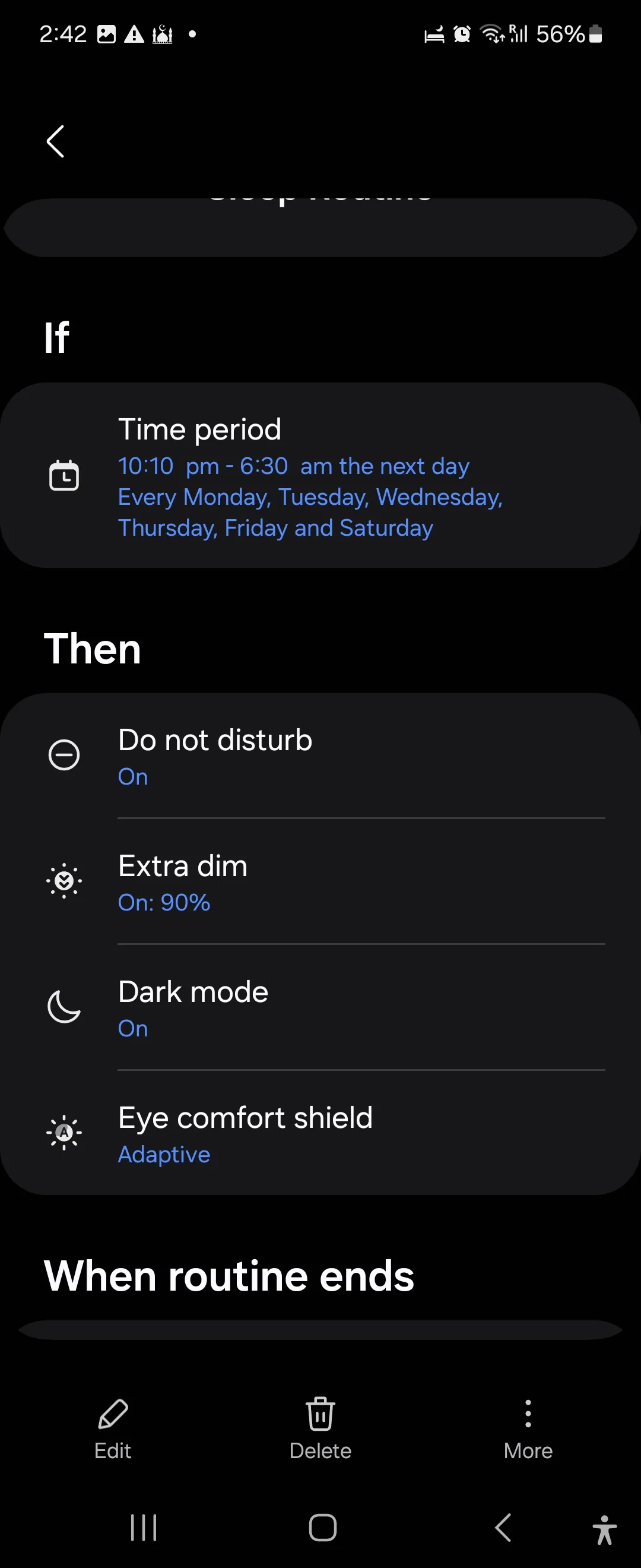 Thiết lập hành động cho routine chế độ ngủ trong Samsung Modes and Routines trên Galaxy Flip 6, minh họa cách bật chế độ không làm phiền và giảm độ sáng màn hình.