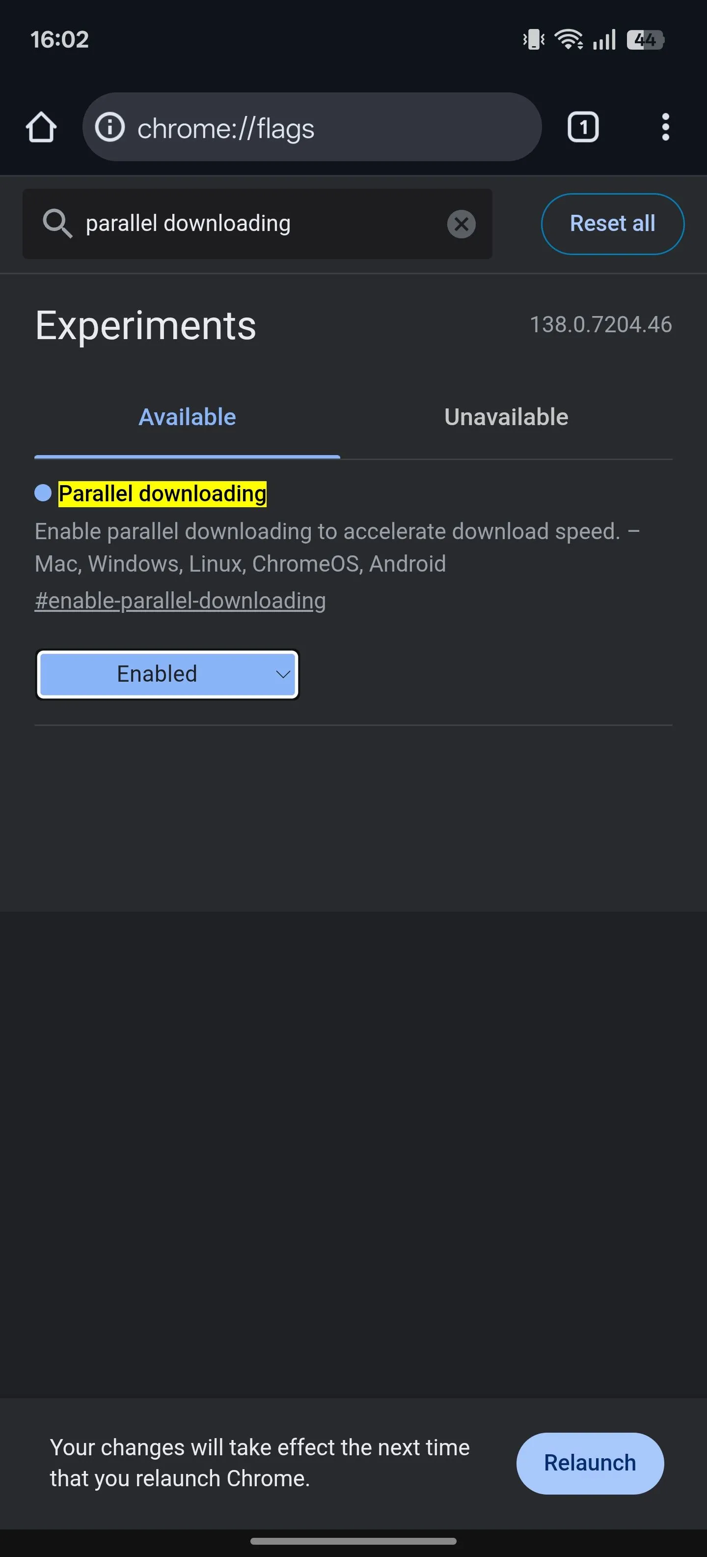 Thiết lập một Chrome Flag thành &quot;Enabled&quot; (Đã bật) trong cài đặt trình duyệt Chrome trên Android.