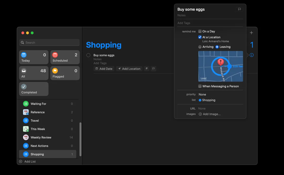 Thiết lập nhắc nhở dựa trên địa điểm trong ứng dụng Apple Reminders trên máy Mac