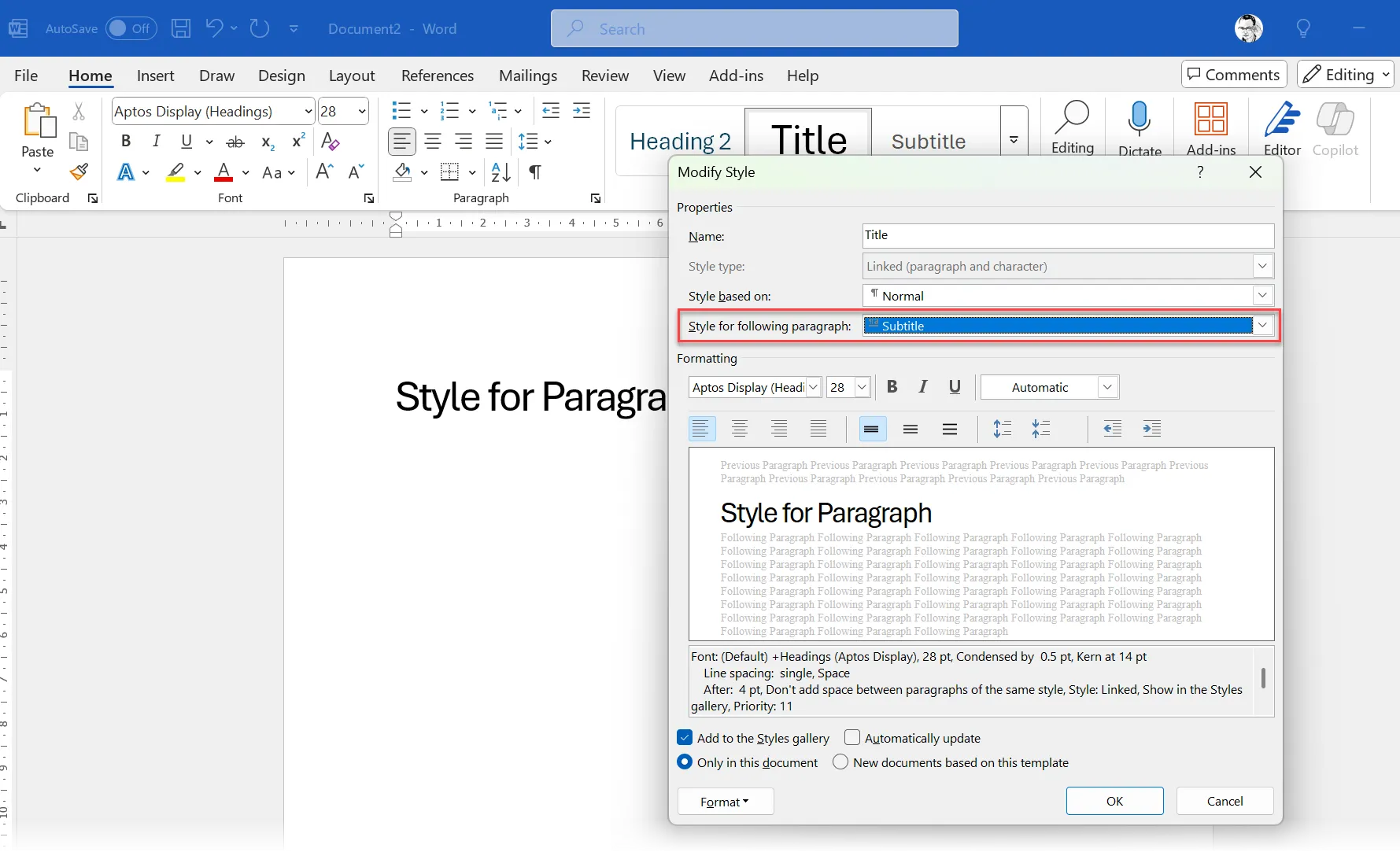 Thiết lập tùy chọn Style for following paragraph trong hộp thoại Modify Style của Microsoft Word để tự động áp dụng kiểu tiếp theo.