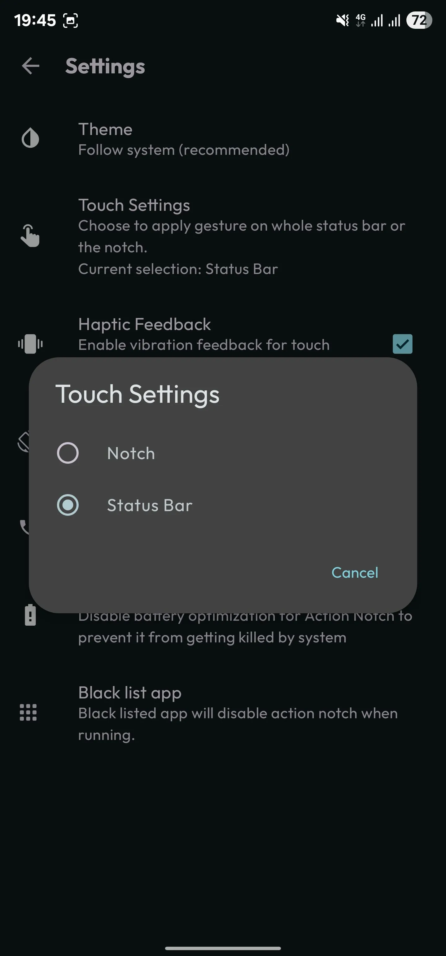 Thiết lập vùng chạm tương tác cho Action Notch từ notch sang toàn bộ thanh trạng thái
