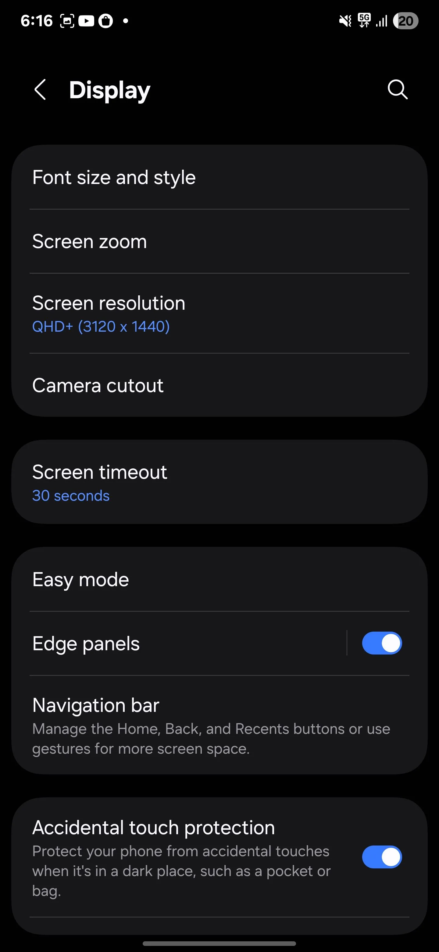 Thời gian chờ màn hình trong cài đặt hiển thị Samsung