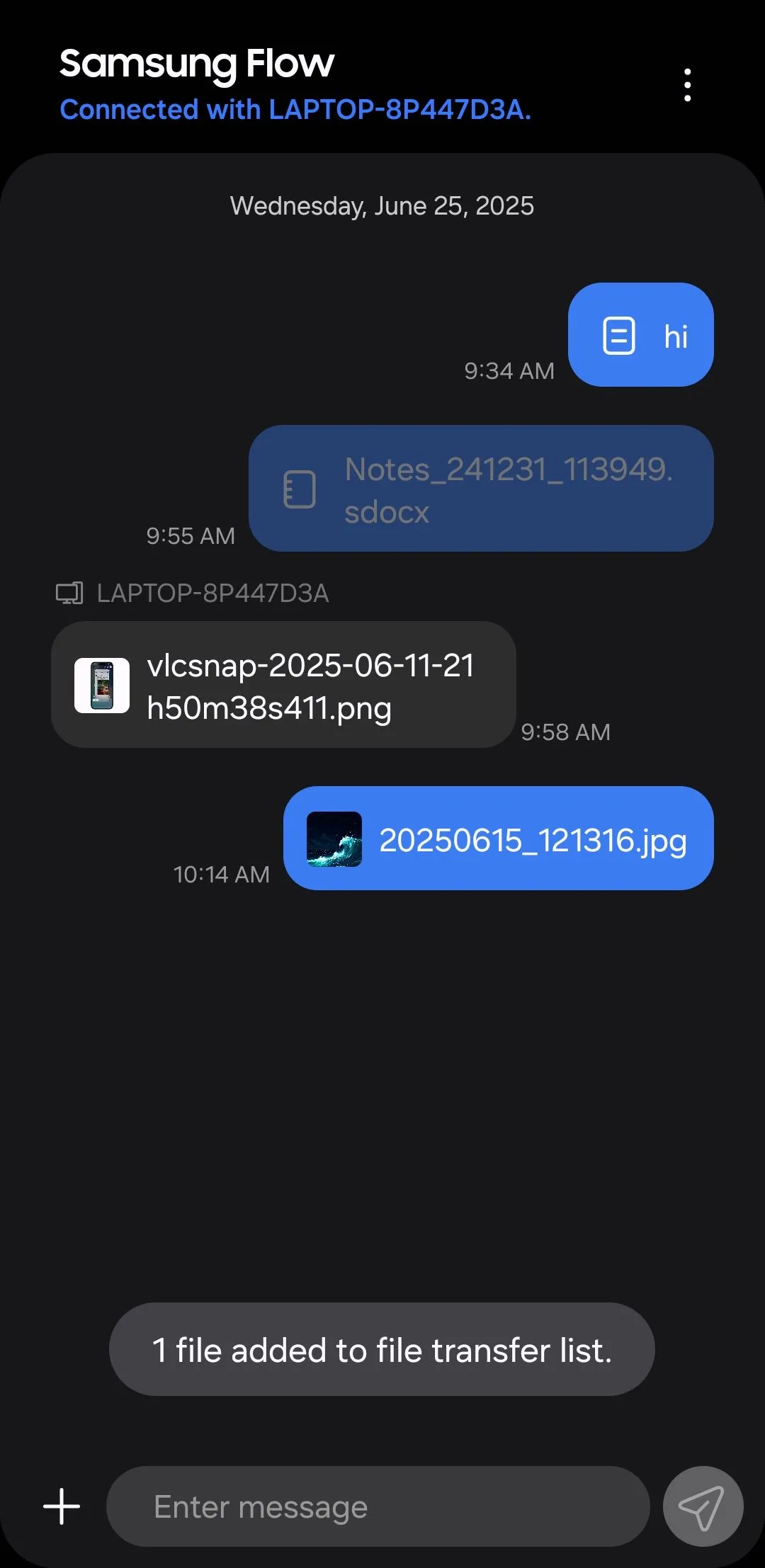 Thông báo đã gửi tệp thành công trên ứng dụng Samsung Flow trên điện thoại