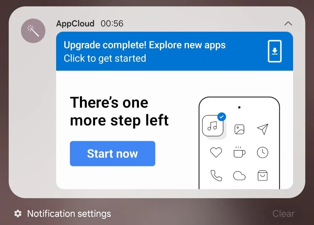 Thông báo quảng cáo từ AppCloud trên điện thoại Samsung, gợi ý khám phá ứng dụng mới