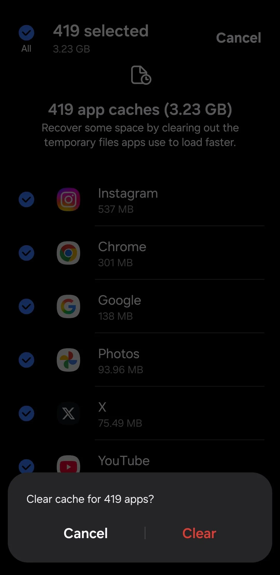 Thông báo xác nhận xóa bộ nhớ đệm ứng dụng trên thiết bị Samsung giúp làm sạch dữ liệu tạm thời