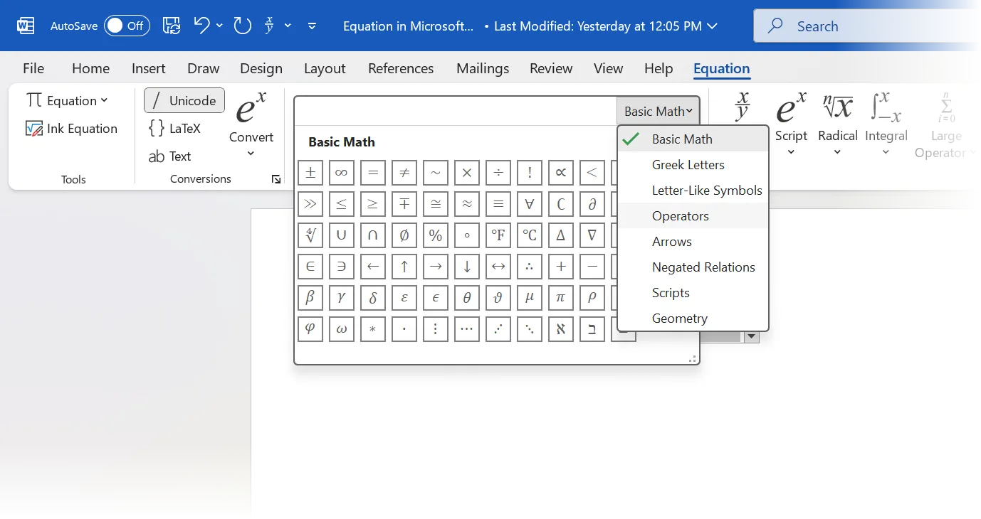 Thư viện ký hiệu toán học đa dạng trong trình soạn thảo Equation Editor của Word, cho phép chèn biểu tượng phức tạp.