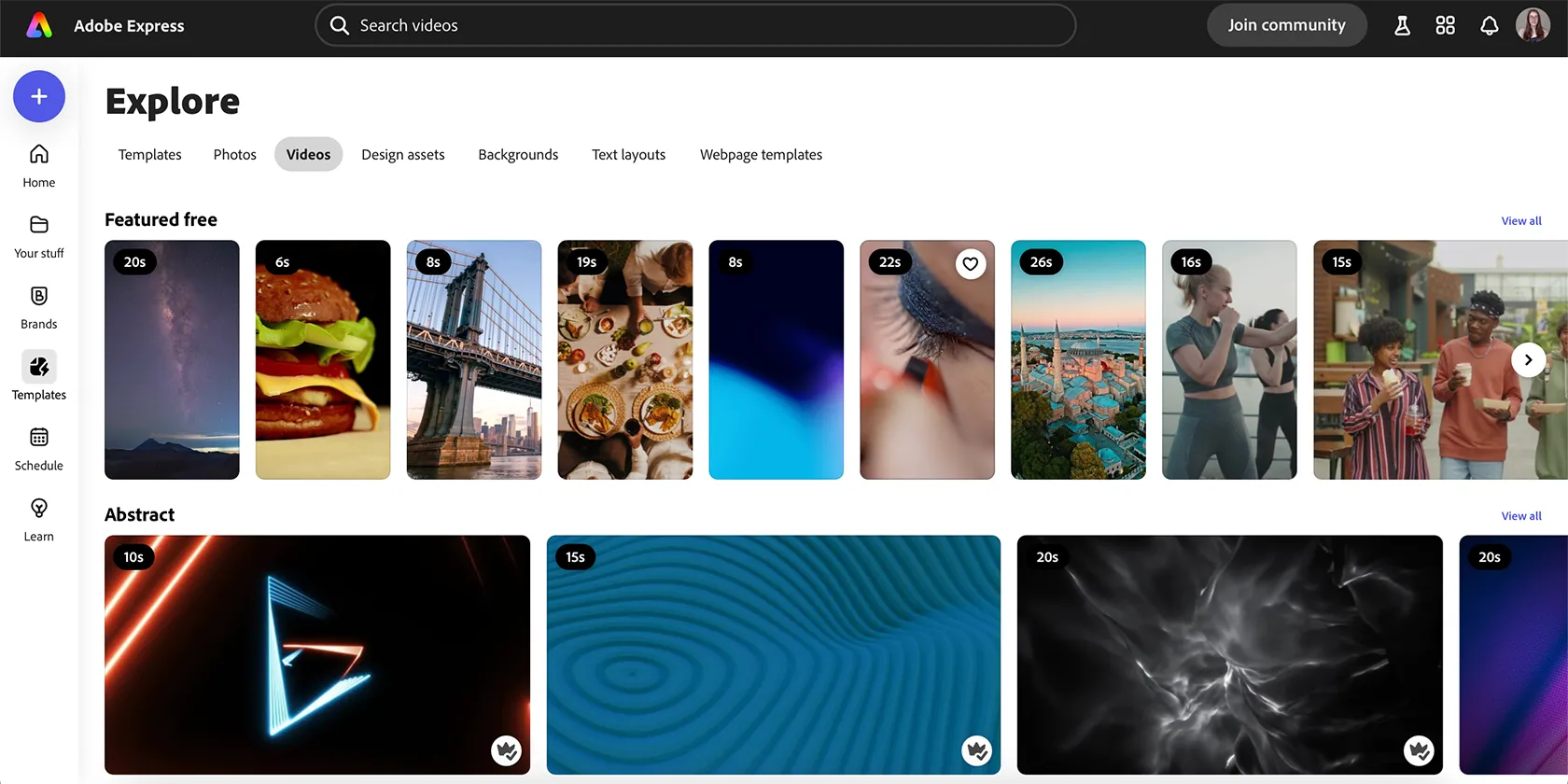 Thư viện tài sản video stock trong Adobe Express