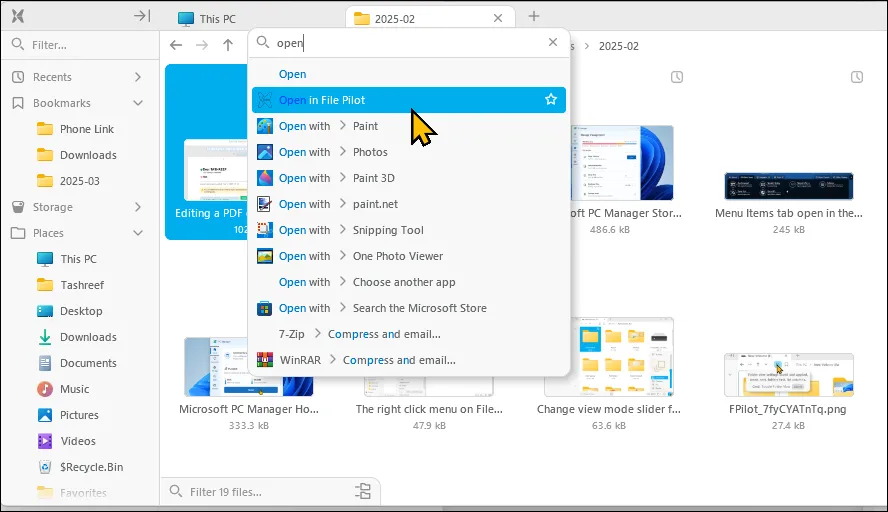 Tính năng tìm kiếm lệnh trong menu ngữ cảnh của File Pilot