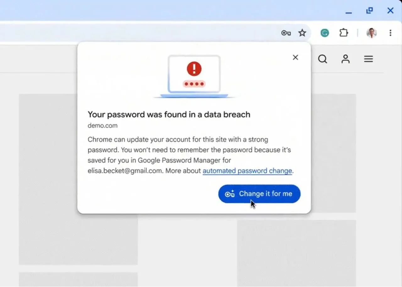 Tính năng tự động đổi mật khẩu của Google Chrome minh họa giao diện trên máy tính