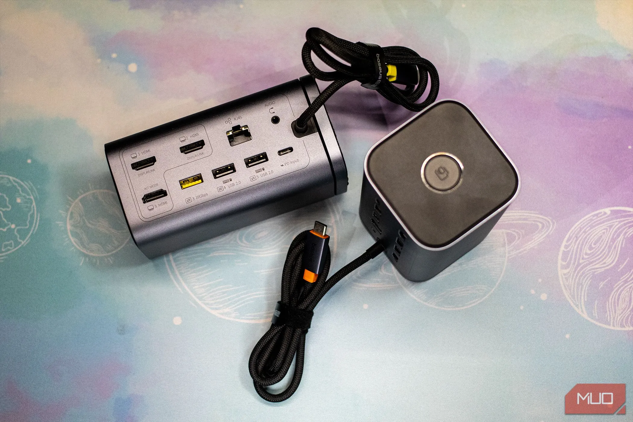 Tổng quan các cổng kết nối phía sau của Baseus Spacemate 11-in-1 Docking Station, bao gồm USB-C PD, Ethernet và USB-A