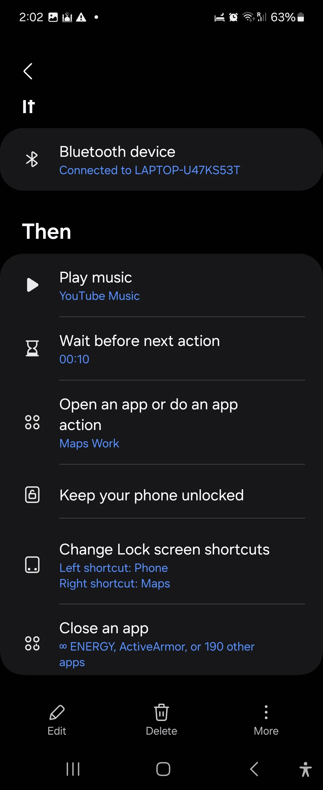 Tổng quan routine lái xe trong Samsung Modes and Routines trên Galaxy Flip 6, thể hiện các hành động tự động như mở Google Maps và phát nhạc.