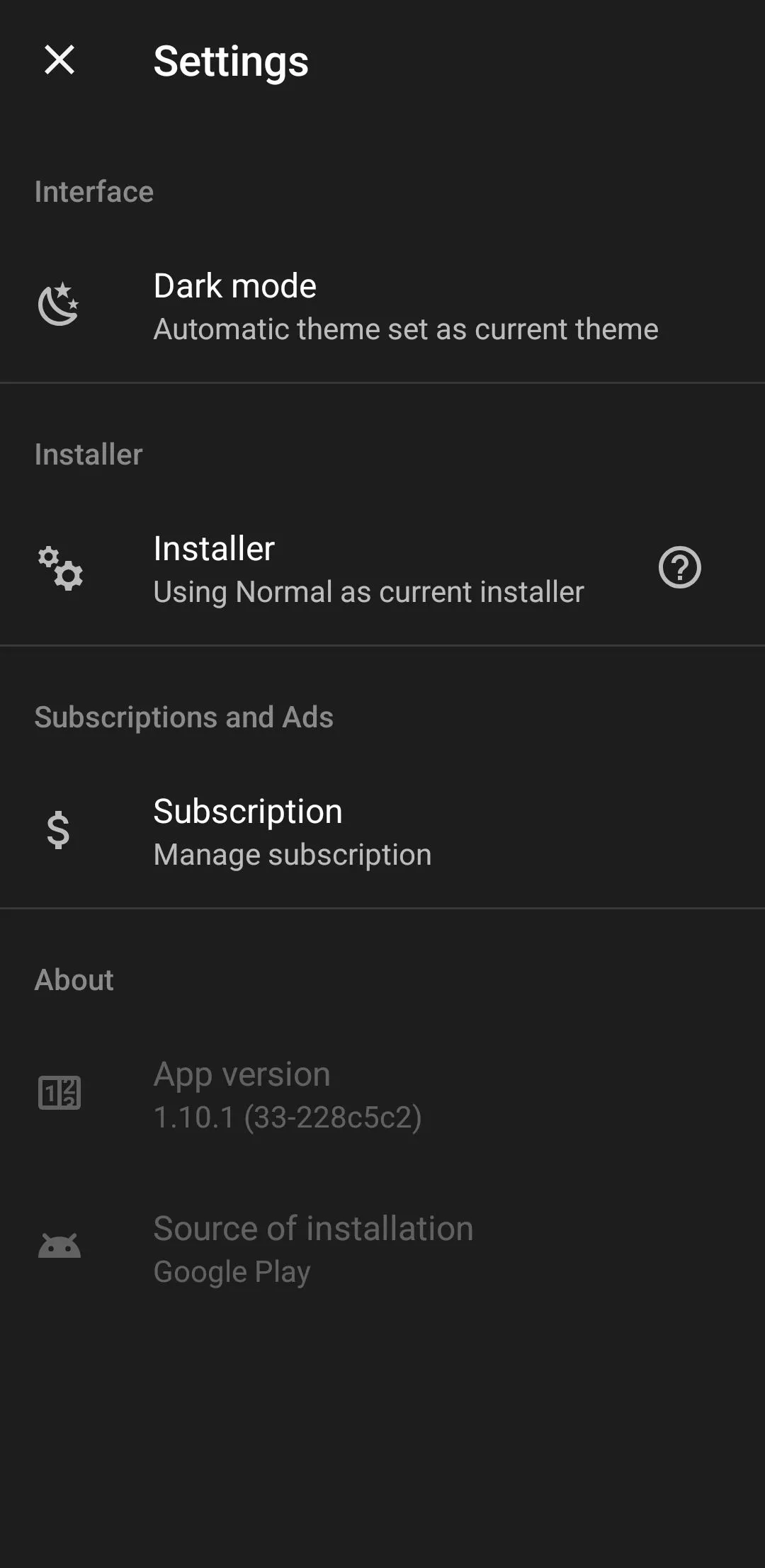 Trang cài đặt của APKMirror Installer trên thiết bị Android, cung cấp các tùy chọn quản lý cài đặt.