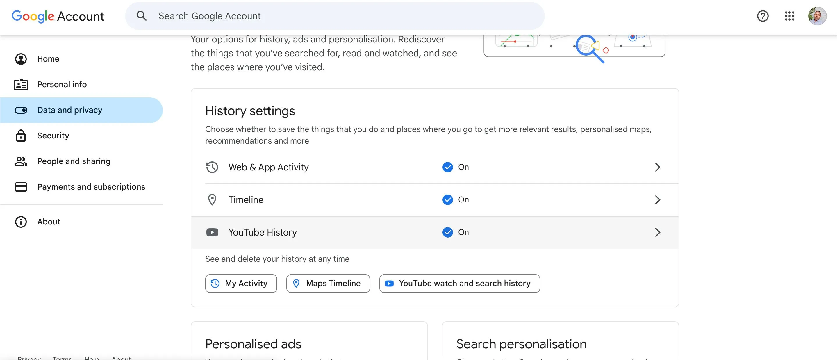 Trang cài đặt Dữ liệu &amp; Quyền riêng tư trong tài khoản Google