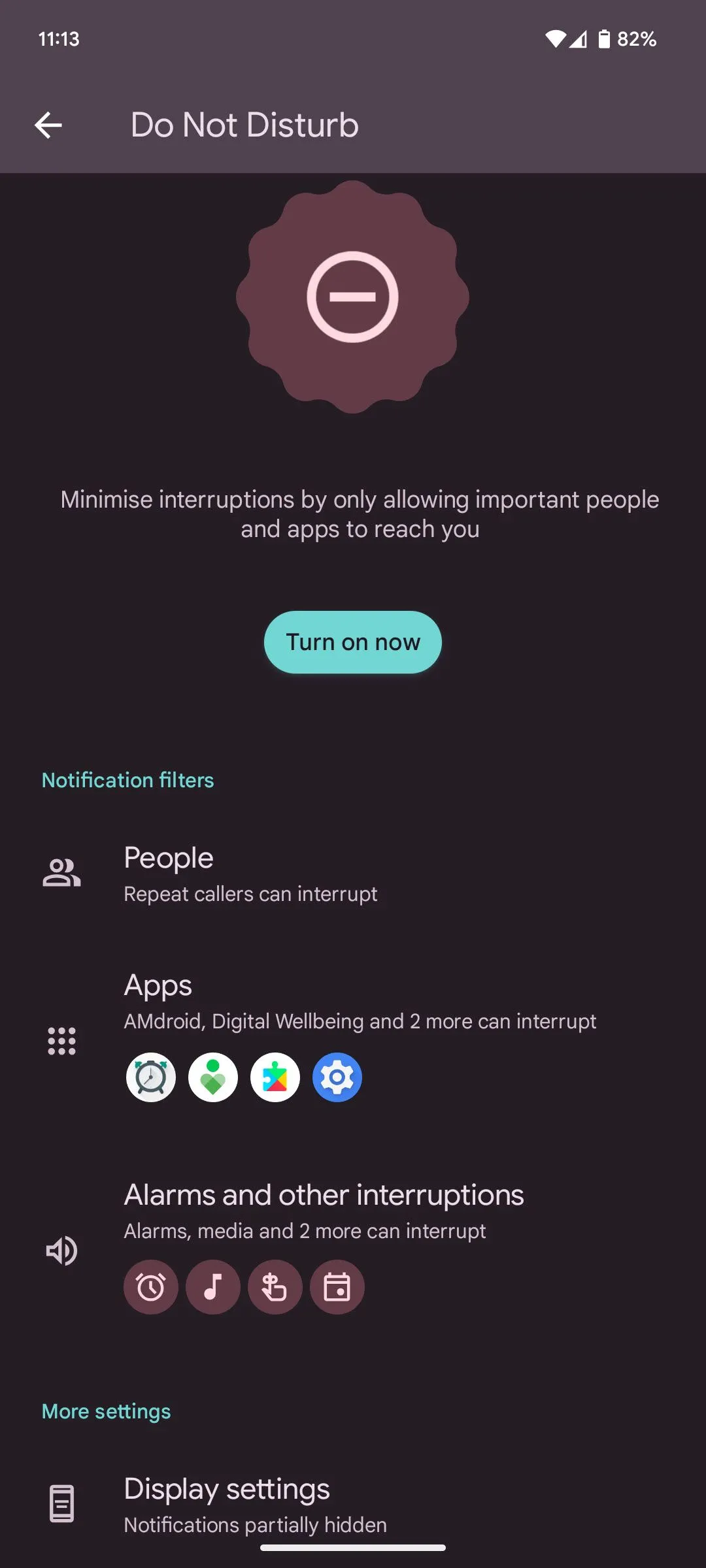 Trang cài đặt Modes chi tiết trên điện thoại Pixel