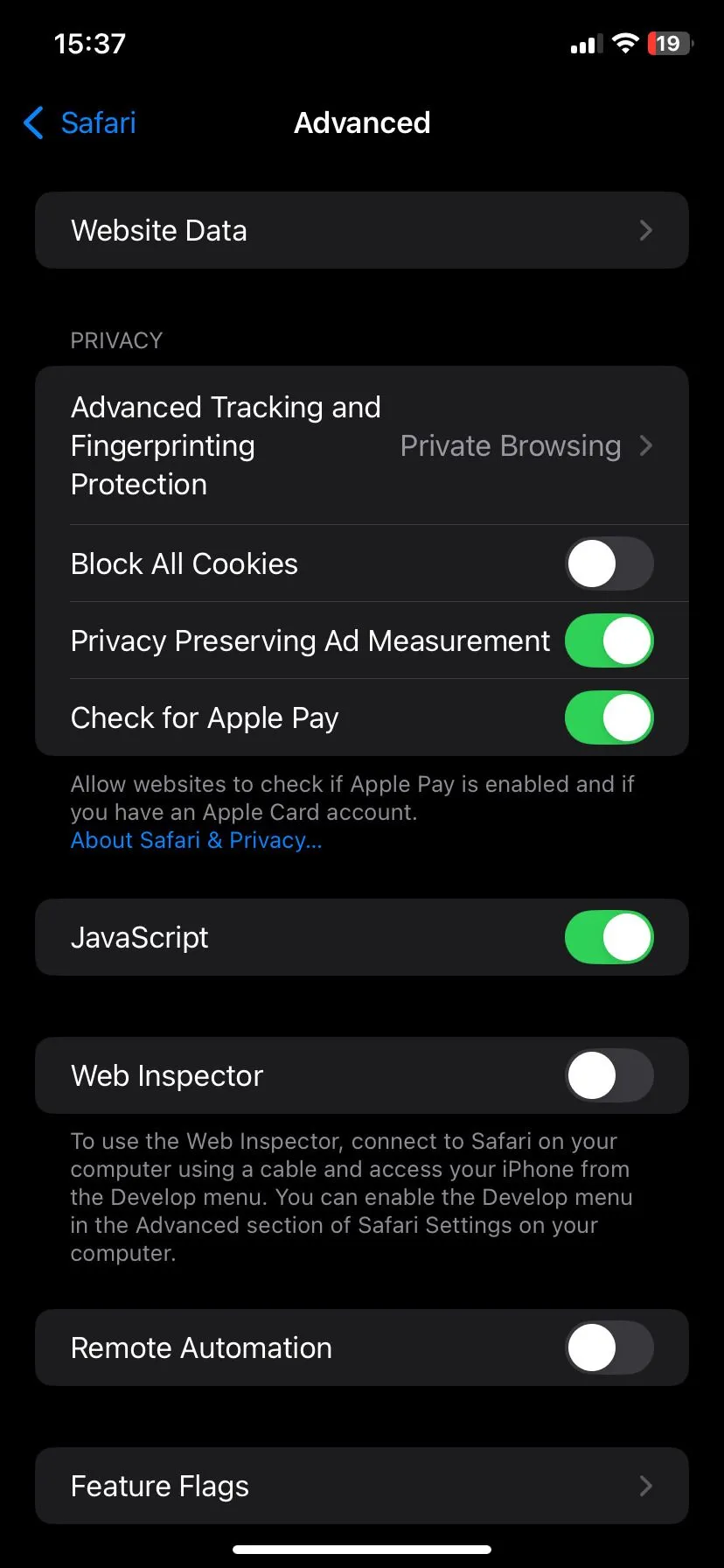 Trang cài đặt nâng cao Safari trên iOS