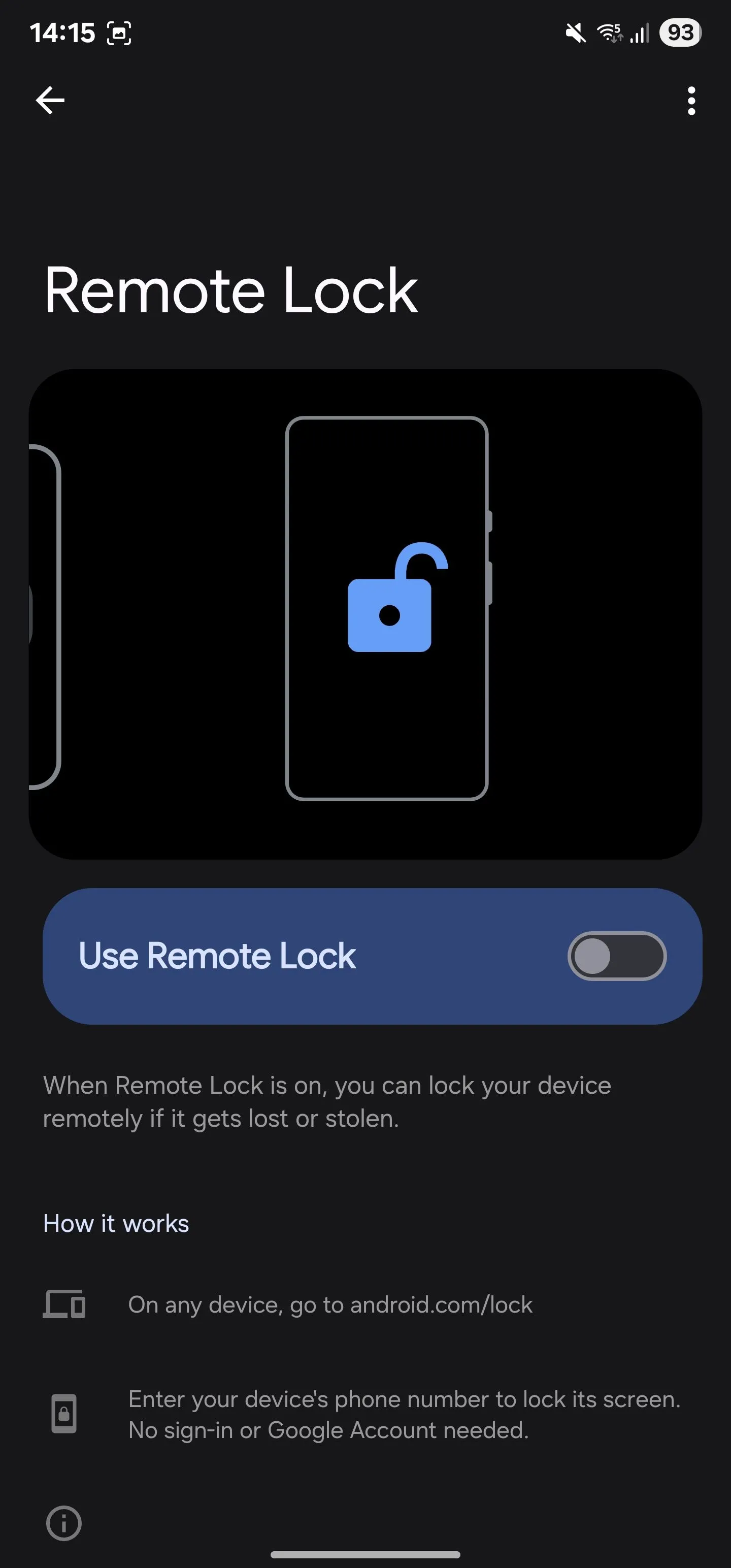 Trang cài đặt tính năng Remote Lock trên điện thoại Samsung Galaxy.