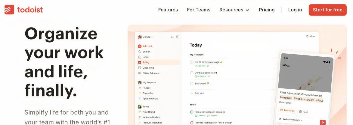 Trang chủ chính thức của Todoist, minh họa một nhà phát triển phần mềm uy tín với thông tin rõ ràng.