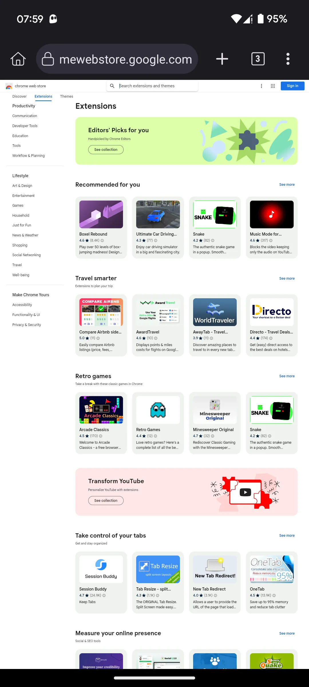 Trang chủ Chrome Web Store hiển thị trong trình duyệt Kiwi Browser, nơi tìm kiếm tiện ích.