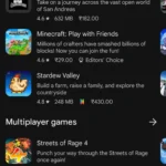Trang chủ Google Play Store trên điện thoại Android hiển thị các ứng dụng phổ biến và game.