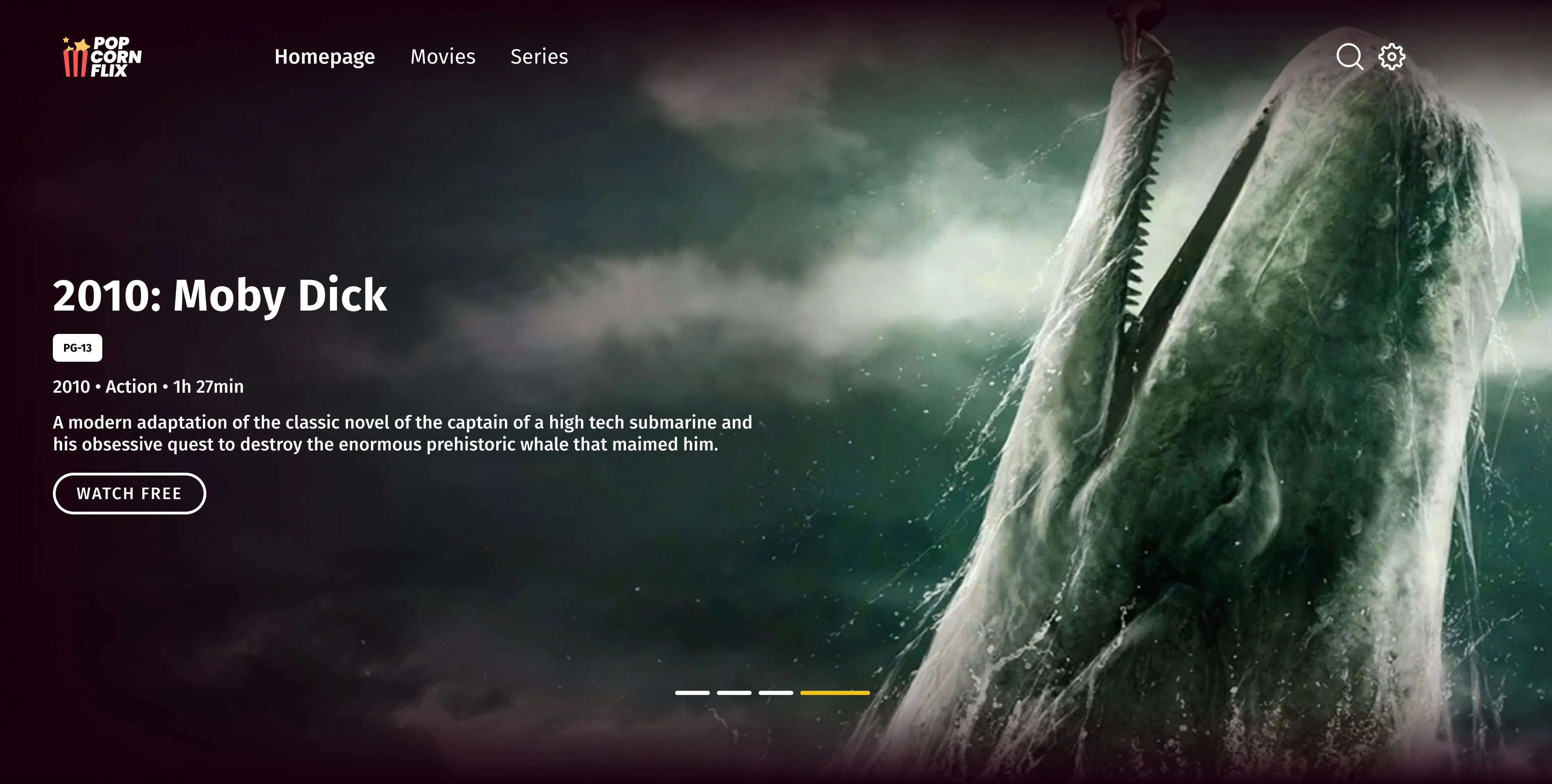 Trang chủ Popcornflix hiển thị poster phim Moby Dick.