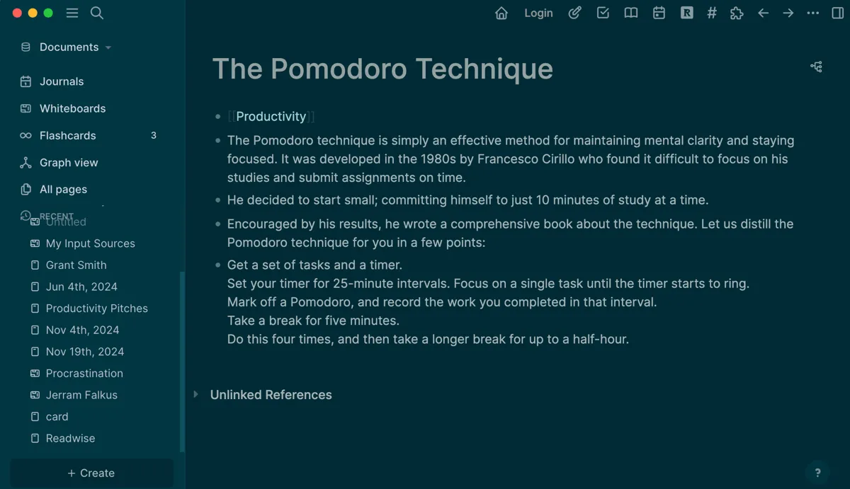 Trang ghi chú về Kỹ thuật Pomodoro trong Logseq, minh họa tính năng liên kết hai chiều giúp kết nối các ý tưởng và nâng cao hiểu biết.