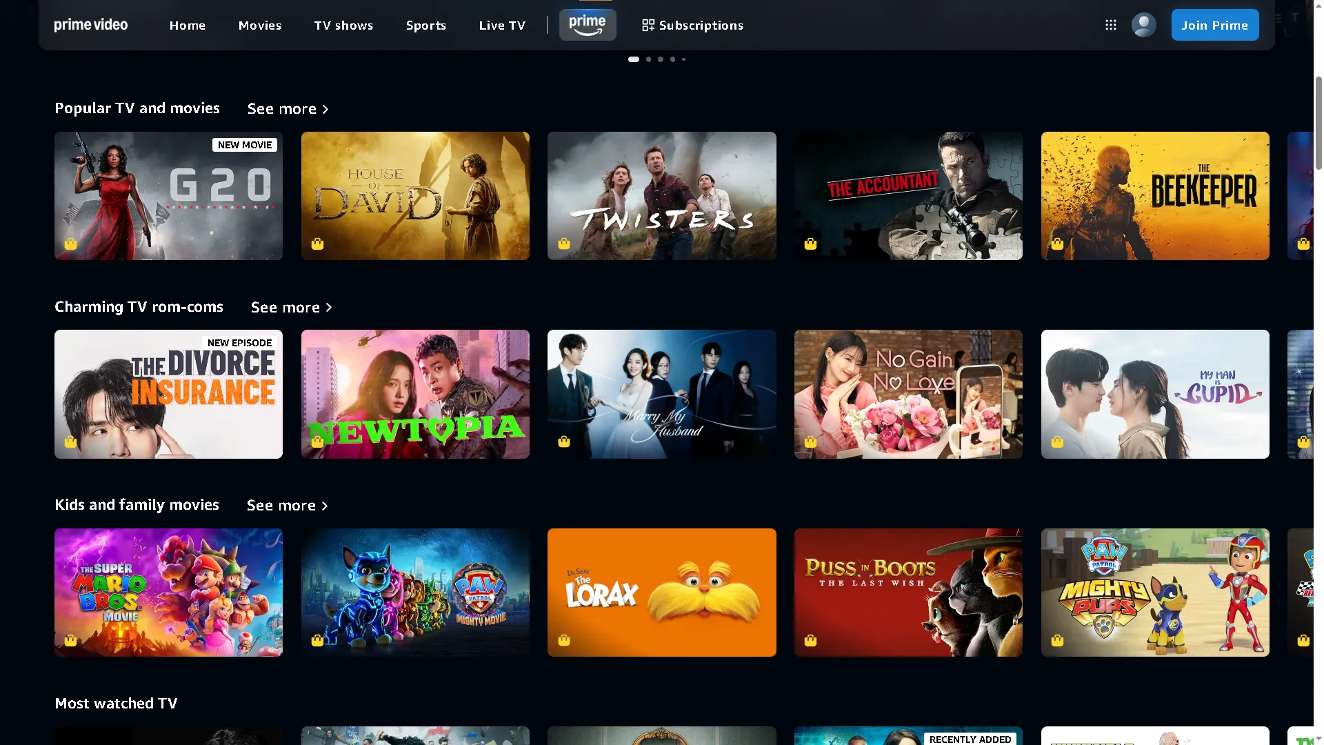 Trang &quot;Prime&quot; trên Amazon Prime Video hiển thị các hàng phim và chương trình có sẵn trong gói đăng ký, minh họa cho kho nội dung rộng lớn và tính năng sắp xếp của dịch vụ.