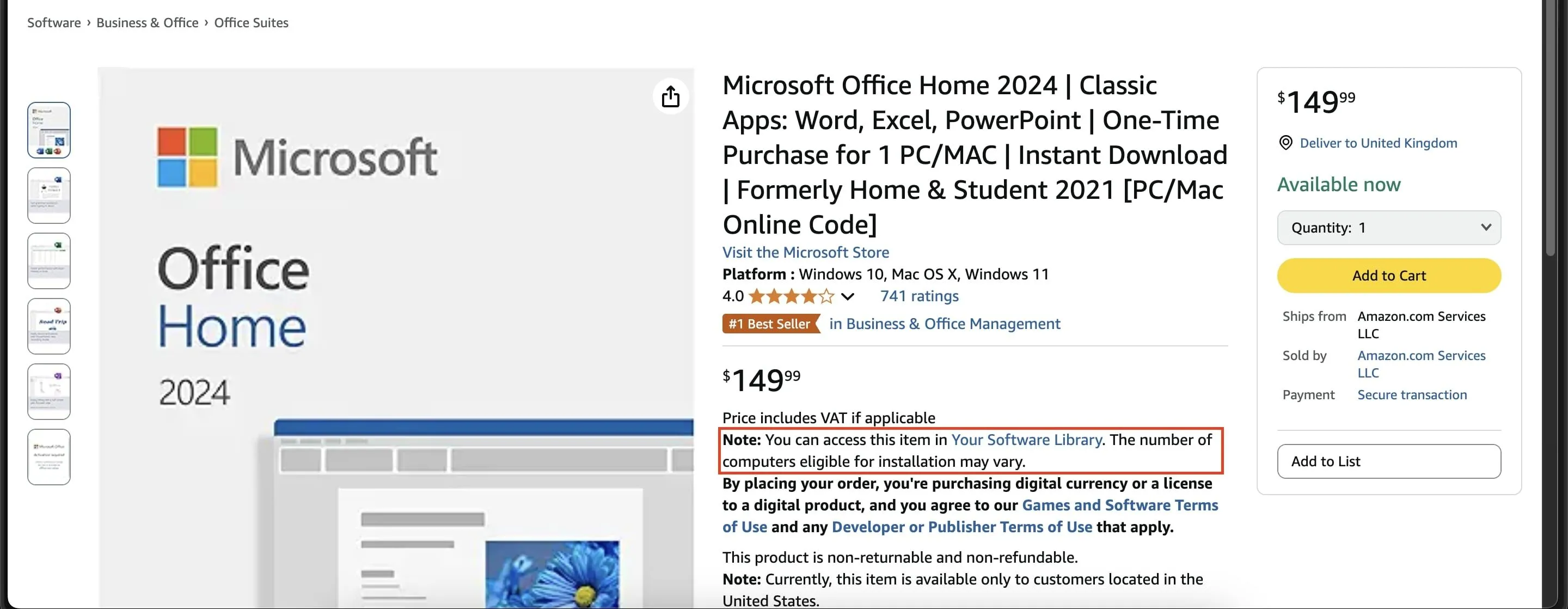 Trang sản phẩm Microsoft Office trên Amazon, minh họa cách kiểm tra nguồn tải xuống an toàn và thông tin bản quyền.
