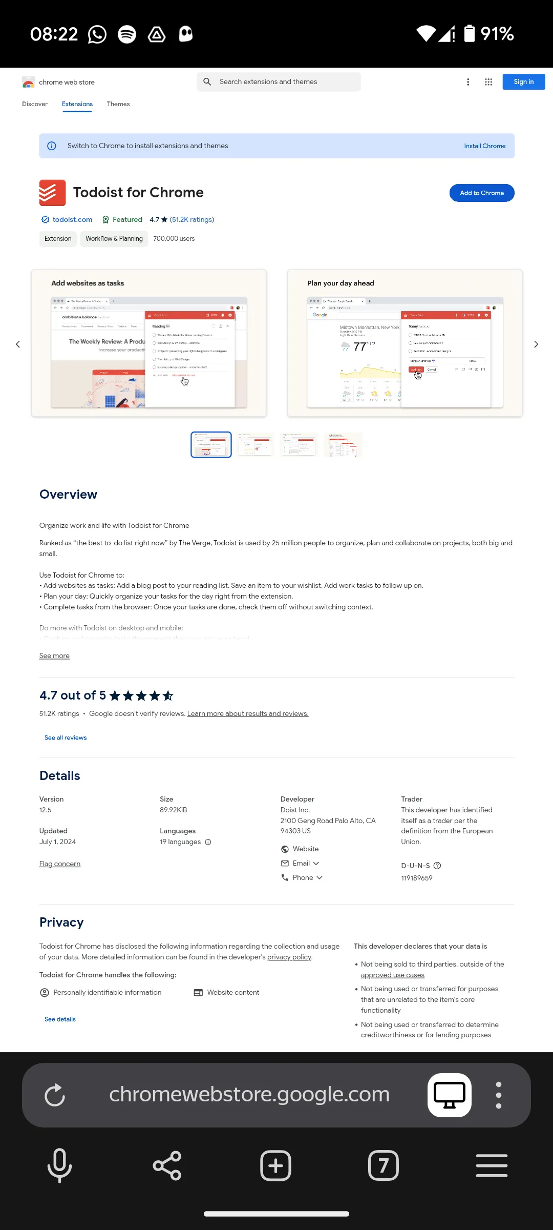 Trang tiện ích mở rộng Todoist trên Chrome Web Store hiển thị trong trình duyệt Yandex Browser.