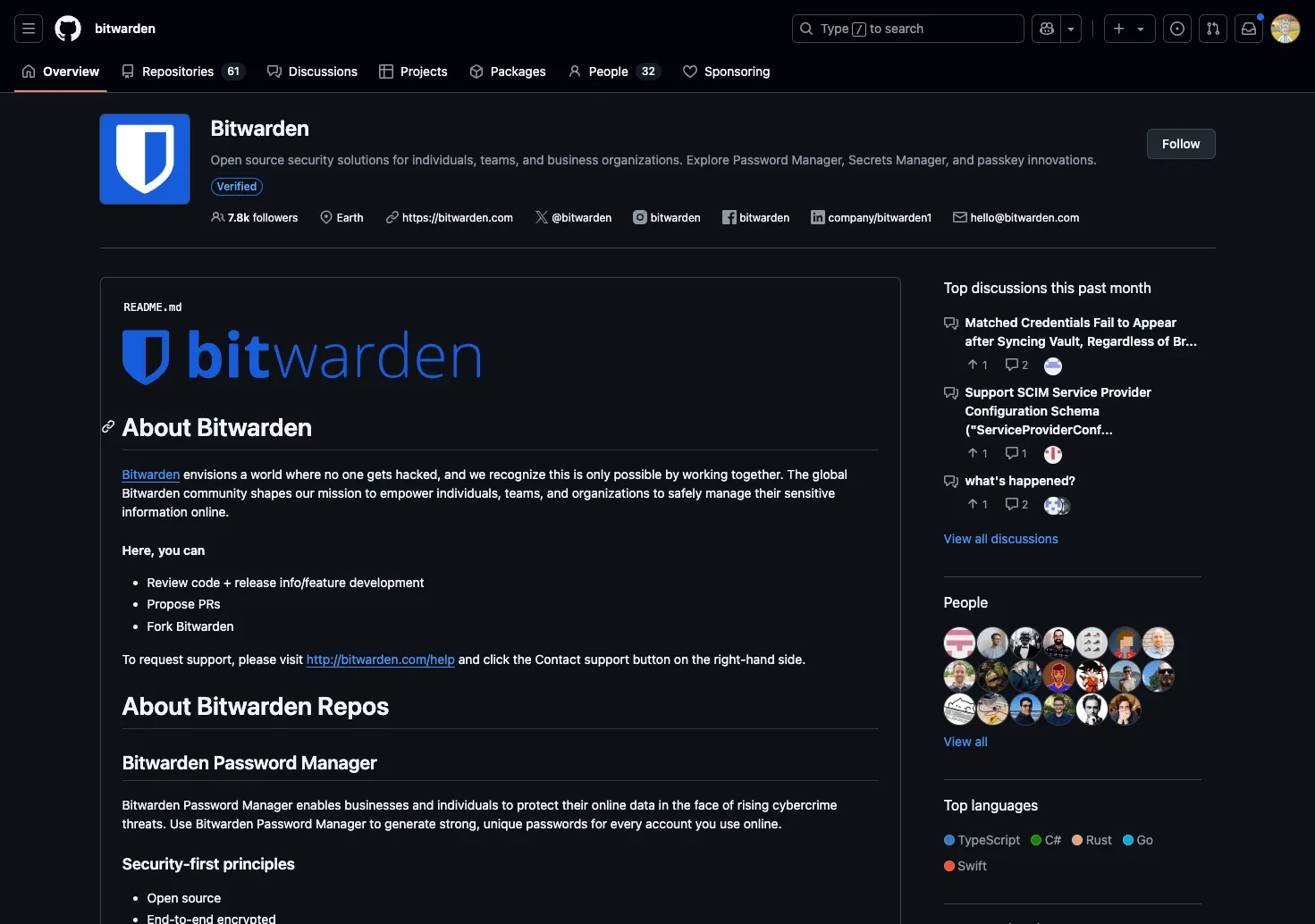Trang tổ chức Bitwarden trên GitHub thể hiện tính minh bạch mã nguồn mở