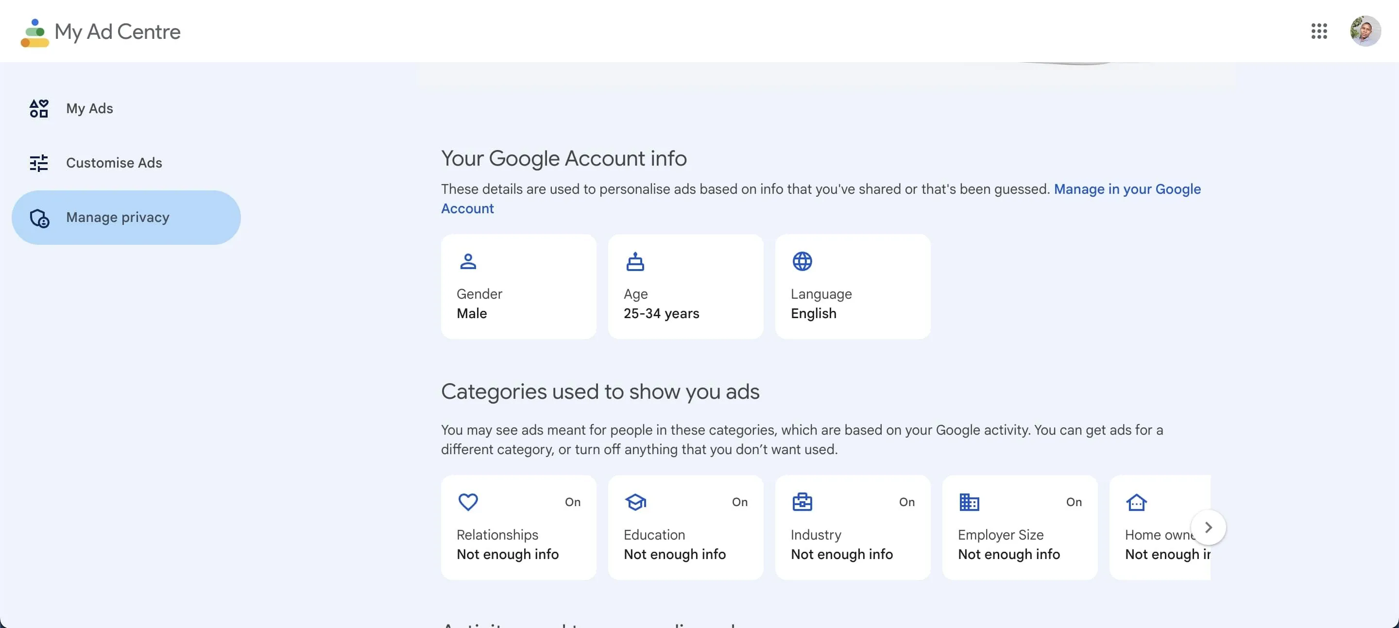 Trang trung tâm quảng cáo Google: Cài đặt cá nhân hóa quảng cáo của bạn