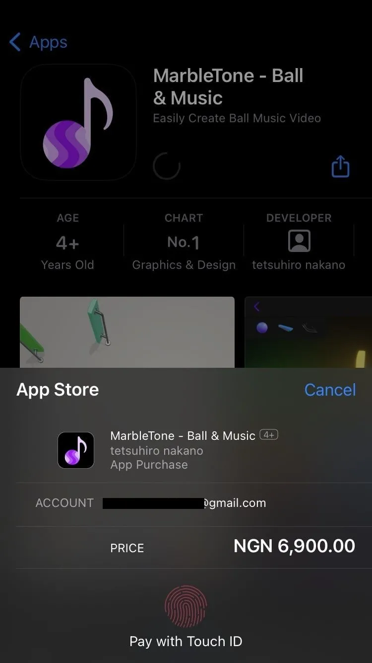 Trang xác nhận thanh toán trên App Store, hiển thị yêu cầu xác thực bằng Touch ID để tải ứng dụng, minh họa sự khác biệt so với Face ID