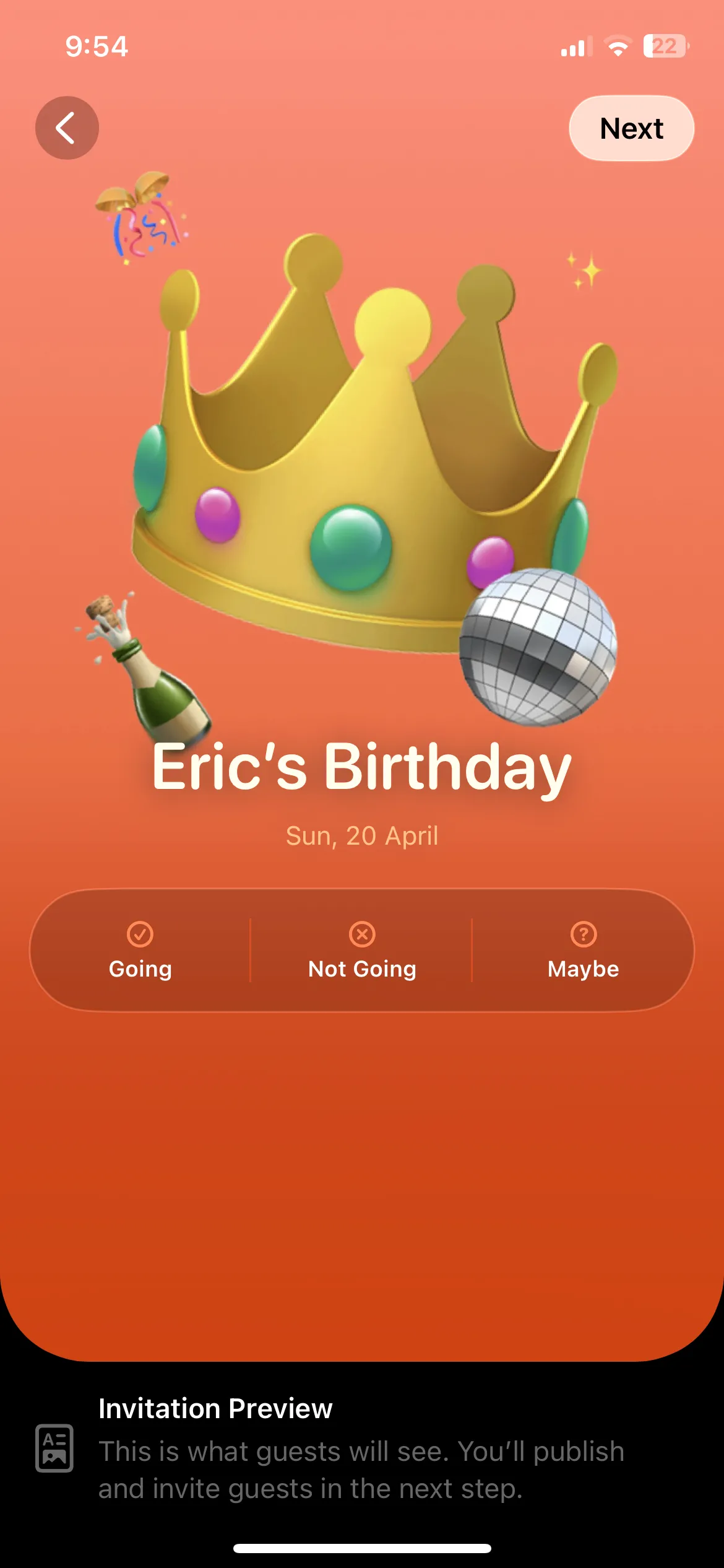 Trang xem trước thiệp mời trong ứng dụng Apple Invites trên iPhone