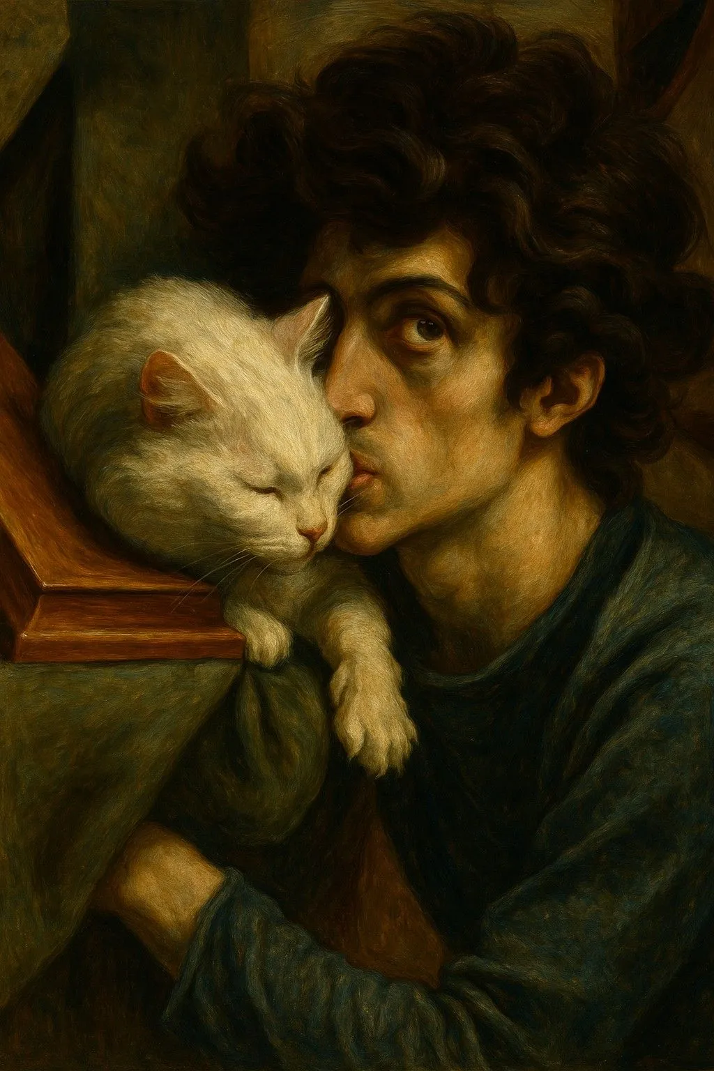 Tranh AI phong cách Mannerism về người đàn ông và mèo trắng, với dáng vẻ thanh tao và căng thẳng