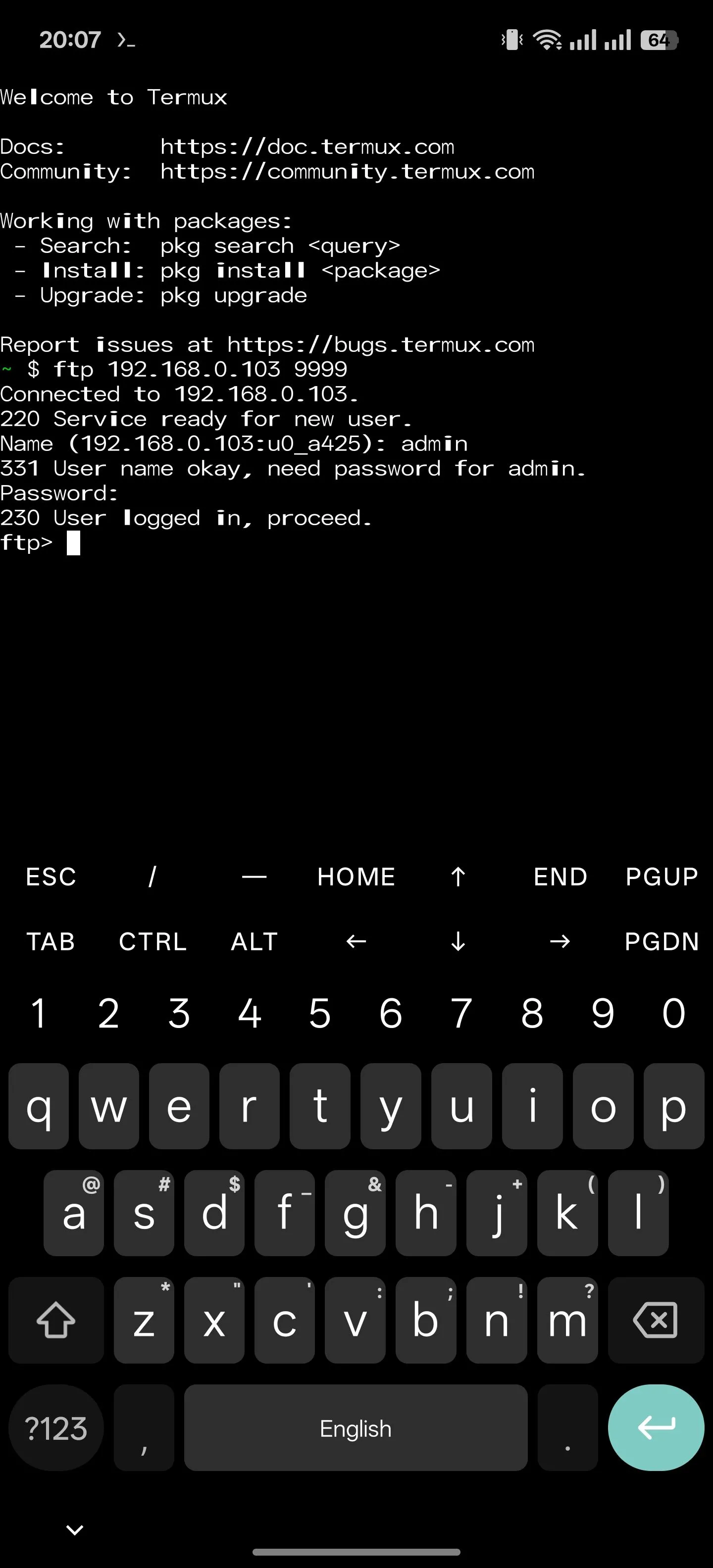 Truy cập các tệp từ thiết bị khác qua FTP bằng ứng dụng Termux trên Android, minh họa khả năng kết nối mạng.