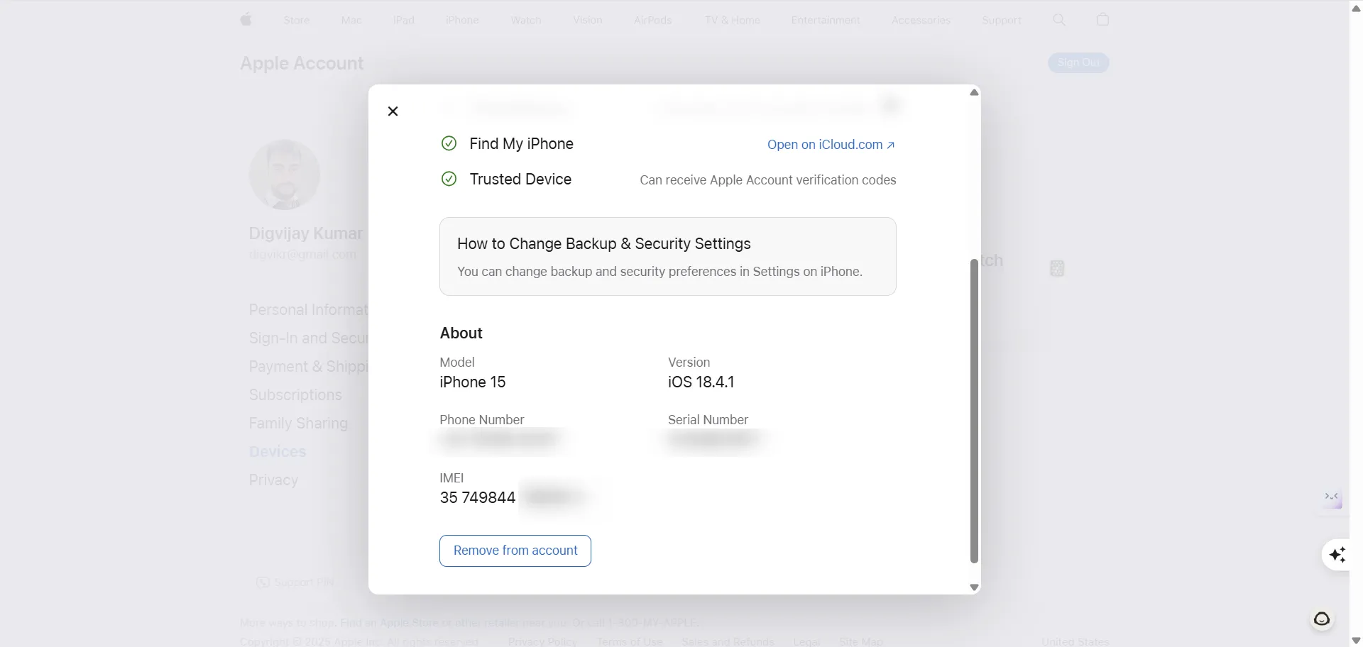 Truy cập thông tin IMEI từ mục Thiết bị trong tài khoản Apple ID cá nhân