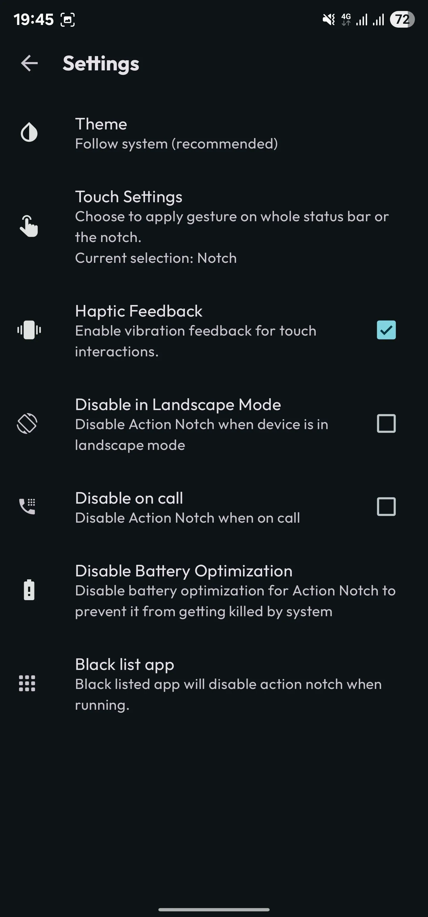 Tùy chọn Bật phản hồi xúc giác (Haptic Feedback) trong cài đặt Action Notch