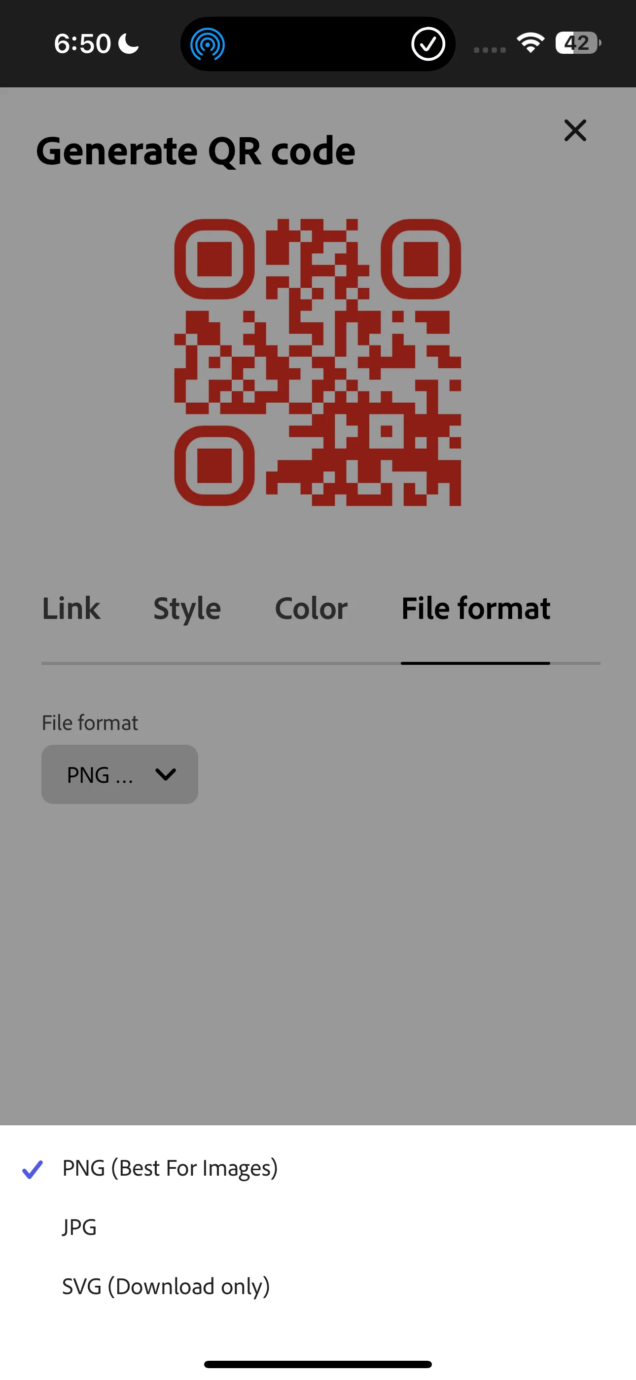 Tùy chọn định dạng tệp khi tạo mã QR trong Adobe Express