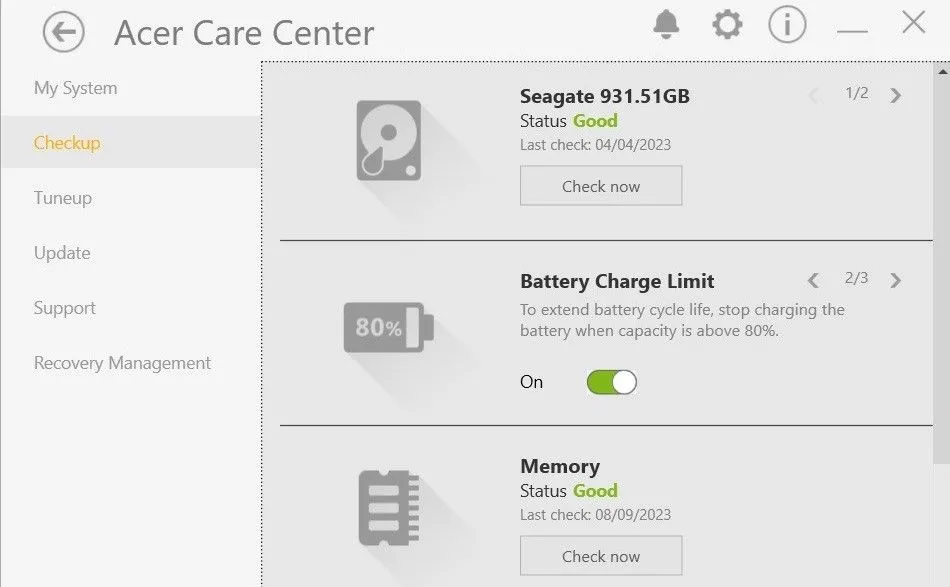 Tùy chọn Giới hạn Sạc Pin (Battery Charge Limit) trong ứng dụng Acer Care Center.