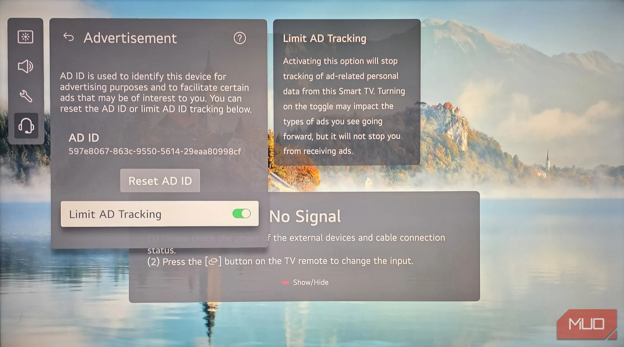 Tùy chọn giới hạn theo dõi quảng cáo trong cài đặt bảo mật của Smart TV LG, giúp ngăn chặn việc theo dõi hành vi người dùng.