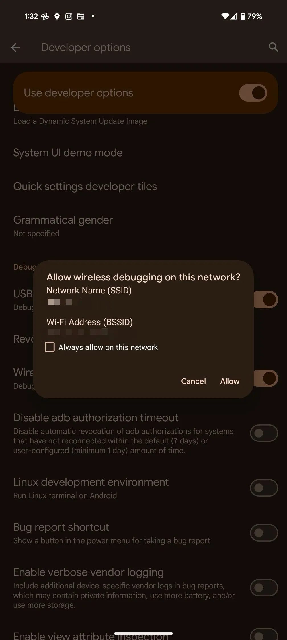 Tùy chọn gỡ lỗi không dây trong Developer Options