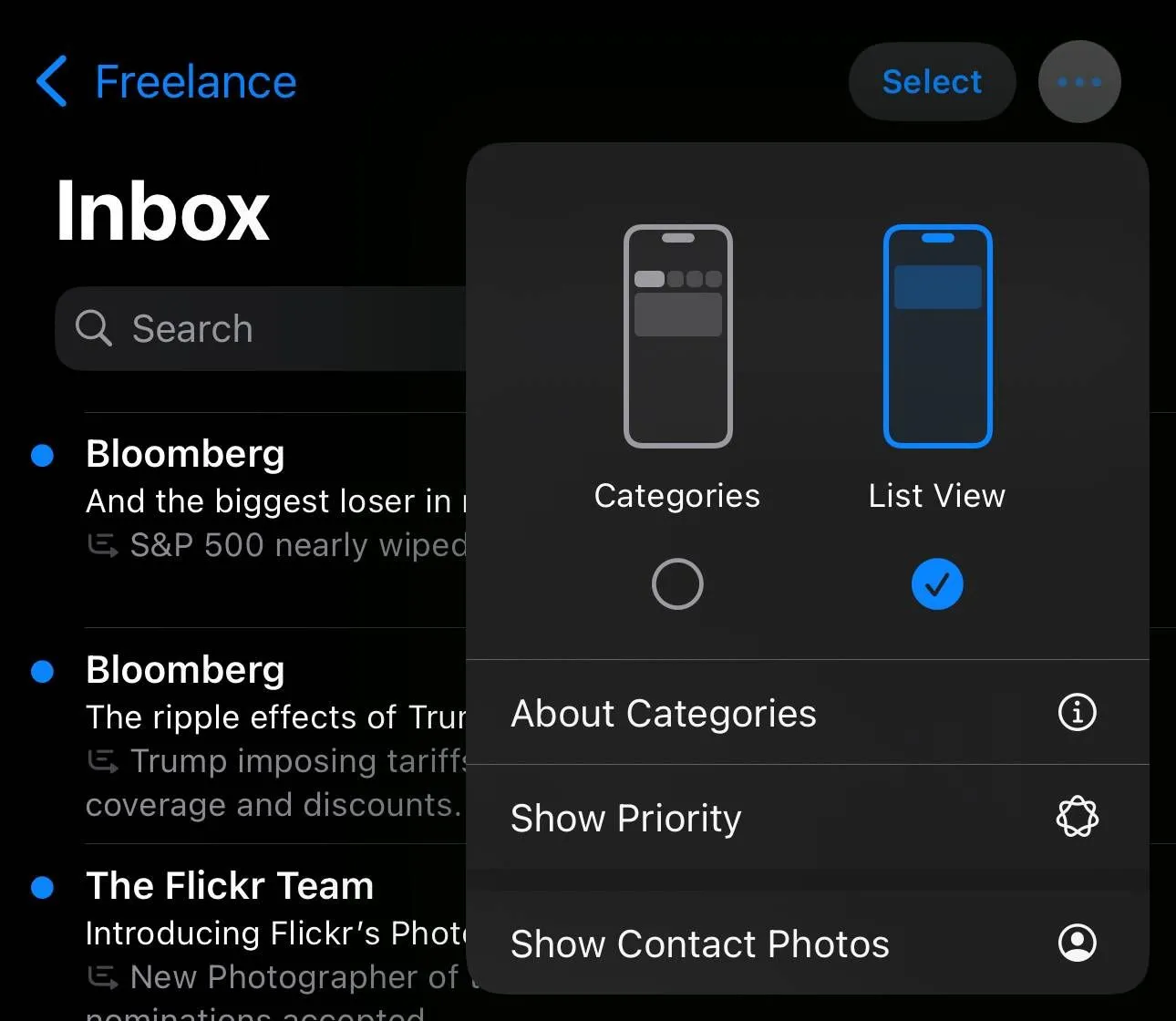 Tùy chọn hiển thị ảnh liên hệ và phân loại 'Priority' trong ứng dụng Mail trên iOS 18.5 beta 1, cho phép người dùng khôi phục giao diện cũ