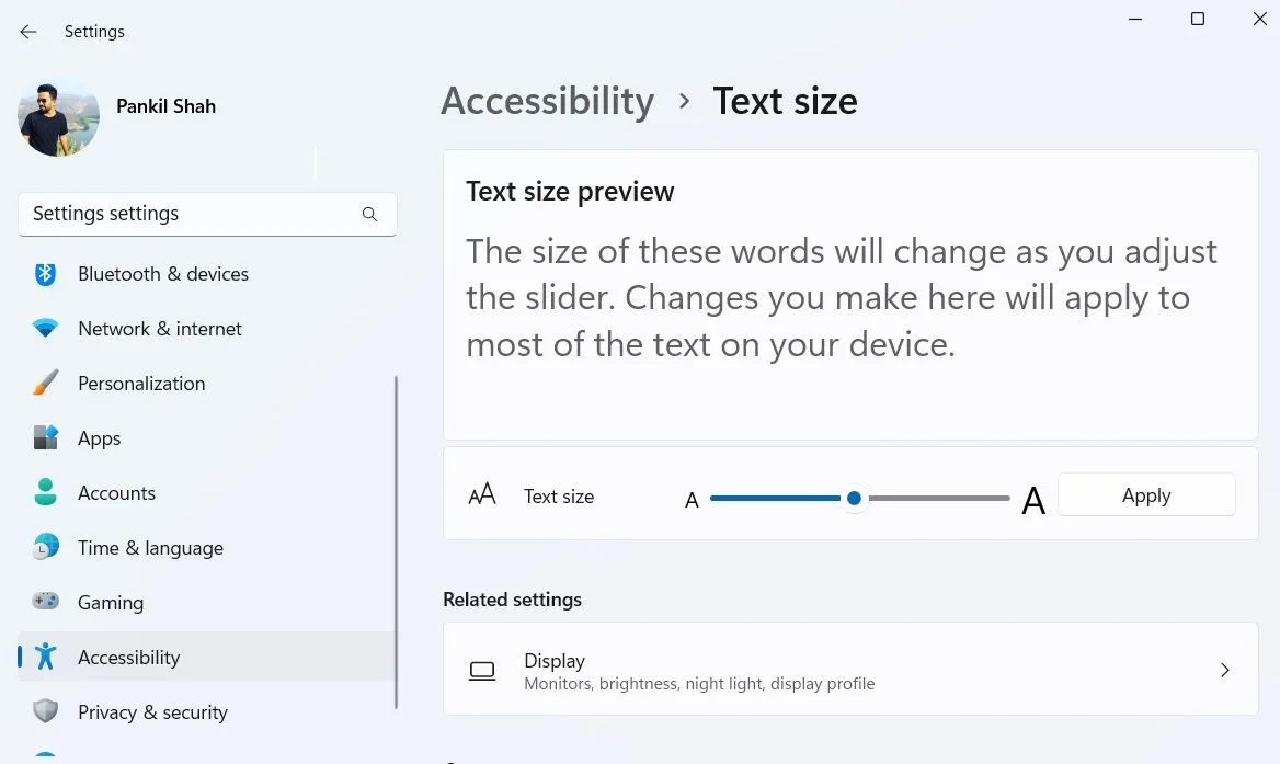 Tùy chọn kích thước văn bản trong ứng dụng Cài đặt Windows