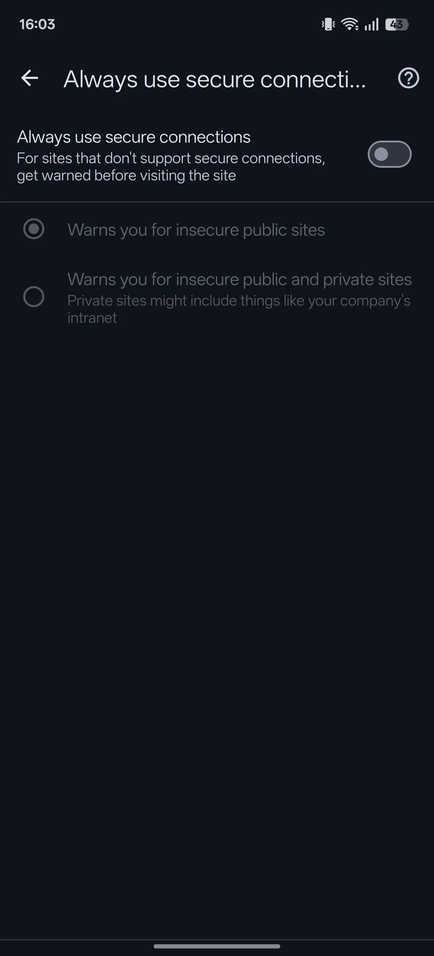 Tùy chọn &quot;Luôn sử dụng kết nối an toàn&quot; (Always use secure connections) trong cài đặt quyền riêng tư của Chrome trên Android.
